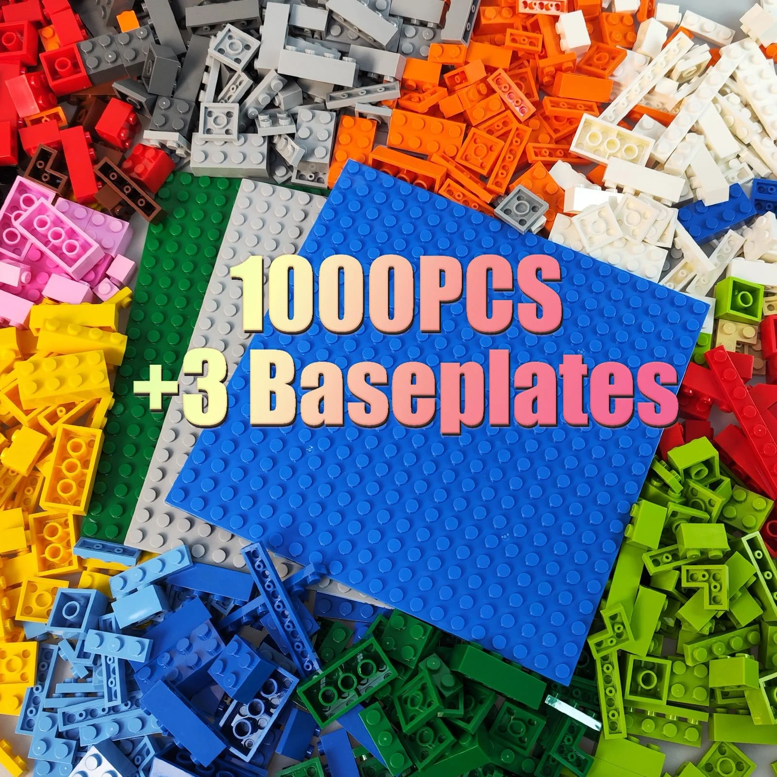 HUIZDQ 1000 Stück Bauklötze, Klassische stapelbare Grundplatten, 3 6,3" x 6,3" Blaue, graue und grüne Grundplatten, kompatibel mit Allen großen Marken