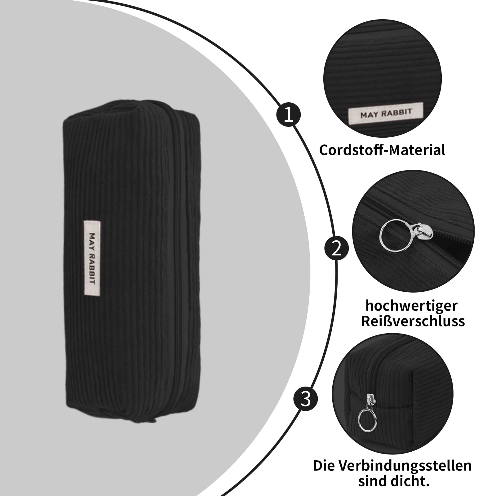 huoflame Federmäppchen Cord-Stoff – Großes Retro Mäppchen für Schule Büro Teenager Damen – Kosmetiktasche & Stiftetasche mit Reißverschluss, Rosa & Schwarz, Cord Mäppchen Geschenkidee (Schwarz) - Image 5