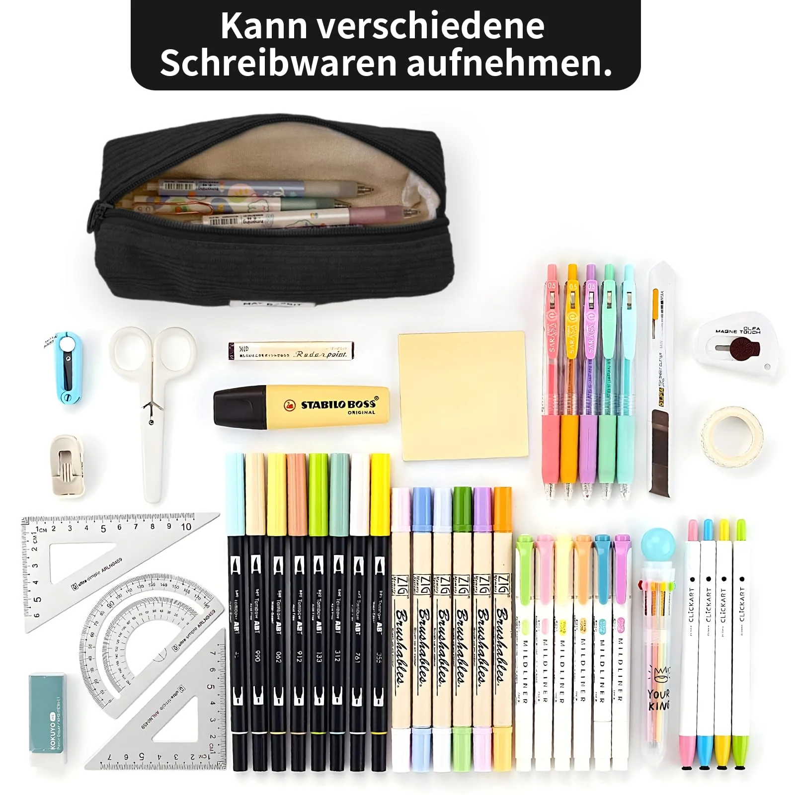 huoflame Federmäppchen Cord-Stoff – Großes Retro Mäppchen für Schule Büro Teenager Damen – Kosmetiktasche & Stiftetasche mit Reißverschluss, Rosa & Schwarz, Cord Mäppchen Geschenkidee (Schwarz) - Image 6