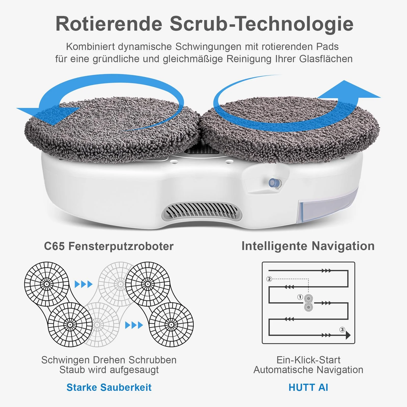 HUTT C65 Fensterputzroboter mit Sprühfunktion, Elektrischer Fensterputzer Fernbedienung mit 80ML Tank, Fensterreiniger Roboter Automatischer, für Innen- und Außenfenster, 10x Lappen, Koffer - Image 6