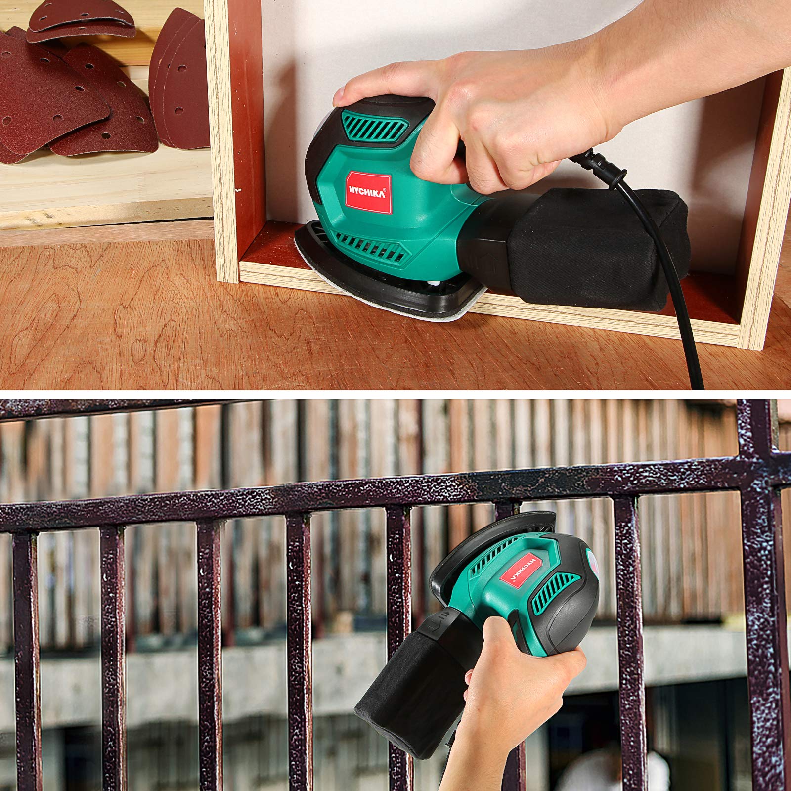 HYCHIKA Multischleifer, Deltaschleifer 200W, mit 12 Schleifblätter (Körnung 80/120/240), 14000 U/min, Klettfix-System, Staubsaugbeutel, Schleifmaschine für Ecke & Kante, Metal & Holz - Image 8