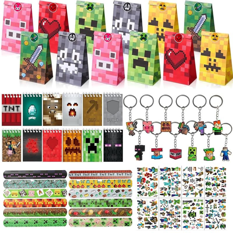HYZMSZA Videospiel Party Mitgebsel, Kindergeburtstag Gastgeschenke, Give Aways Mitgebsel mit Schlüsselanhänger Notizbuch Aufkleber Spiel Armbänder Geschenktüten, Gamer Theme Party Zubehör