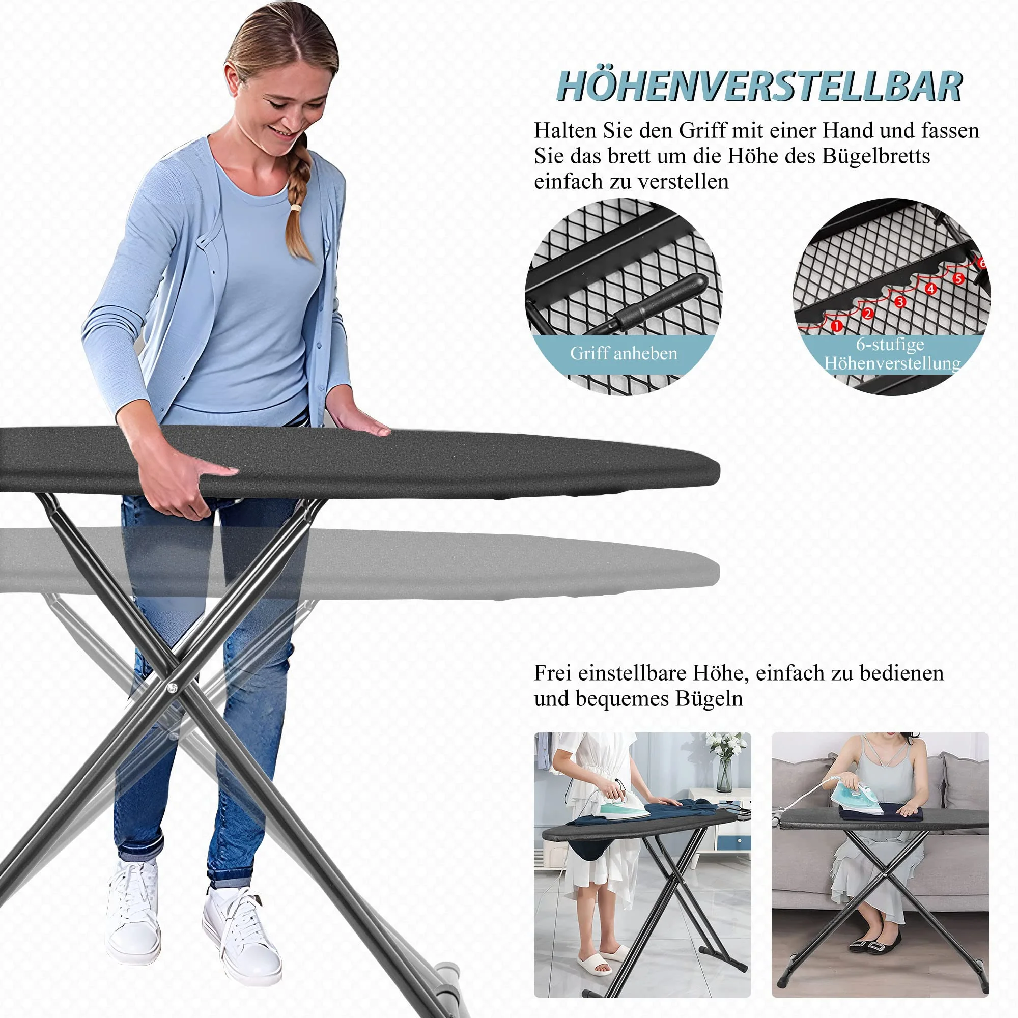 IBVIVIC Bügelbrett Comfortboard, Bügelfläche 122 x 38 cm, höhenverstellbar, platzsparend klappbar, Für meisten Dampfbügelstationen geeignet ist, Schwarz - Image 6