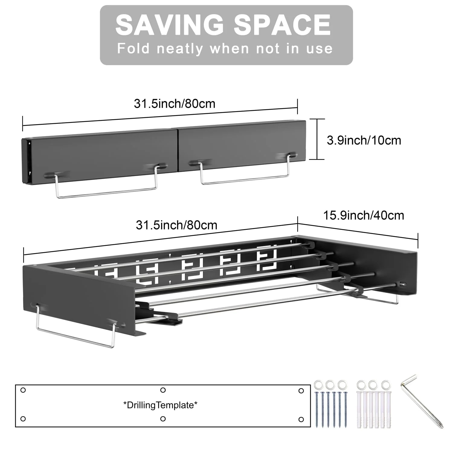 IBVIVIC Wand Wäschetrockner ausziehbar 80cm, Wäscheständer klappbar für Innen oder Außen, platzsparend kompakt, Schwarz - Image 3