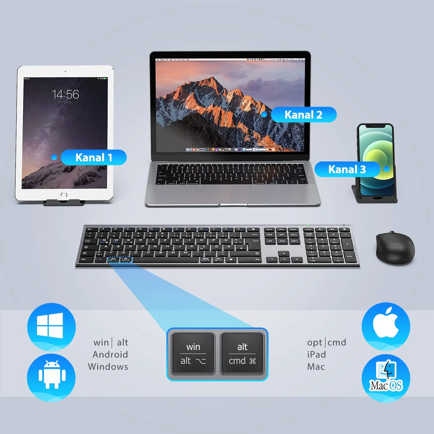 iClever Bluetooth Tastatur und Maus, Wiederaufladbare Dualmodus (Bluetooth 4.2+2.4G) Kabellose Tastatur Maus Set, Extrem-Dünne Multi-Funktionale für Mac, Andoid, Windows - Image 4