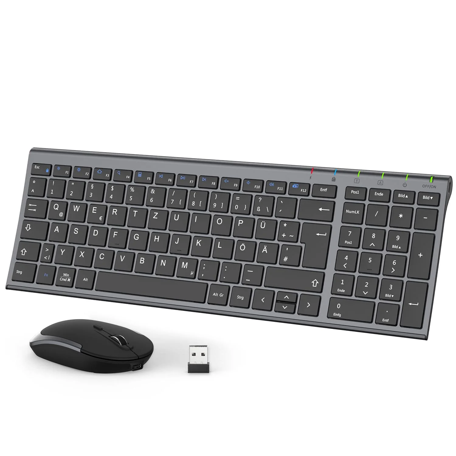 iClever GK03 2.4G Tastatur Maus Set Kabellos, Aluminium Wireless Slim Tastatur QWERTZ Layout (Deutsch), für Computer/Desktop/PC/Laptop/Oberfläsche/Windows 10/8/7/Vista/XP (2.4GHz, USB)