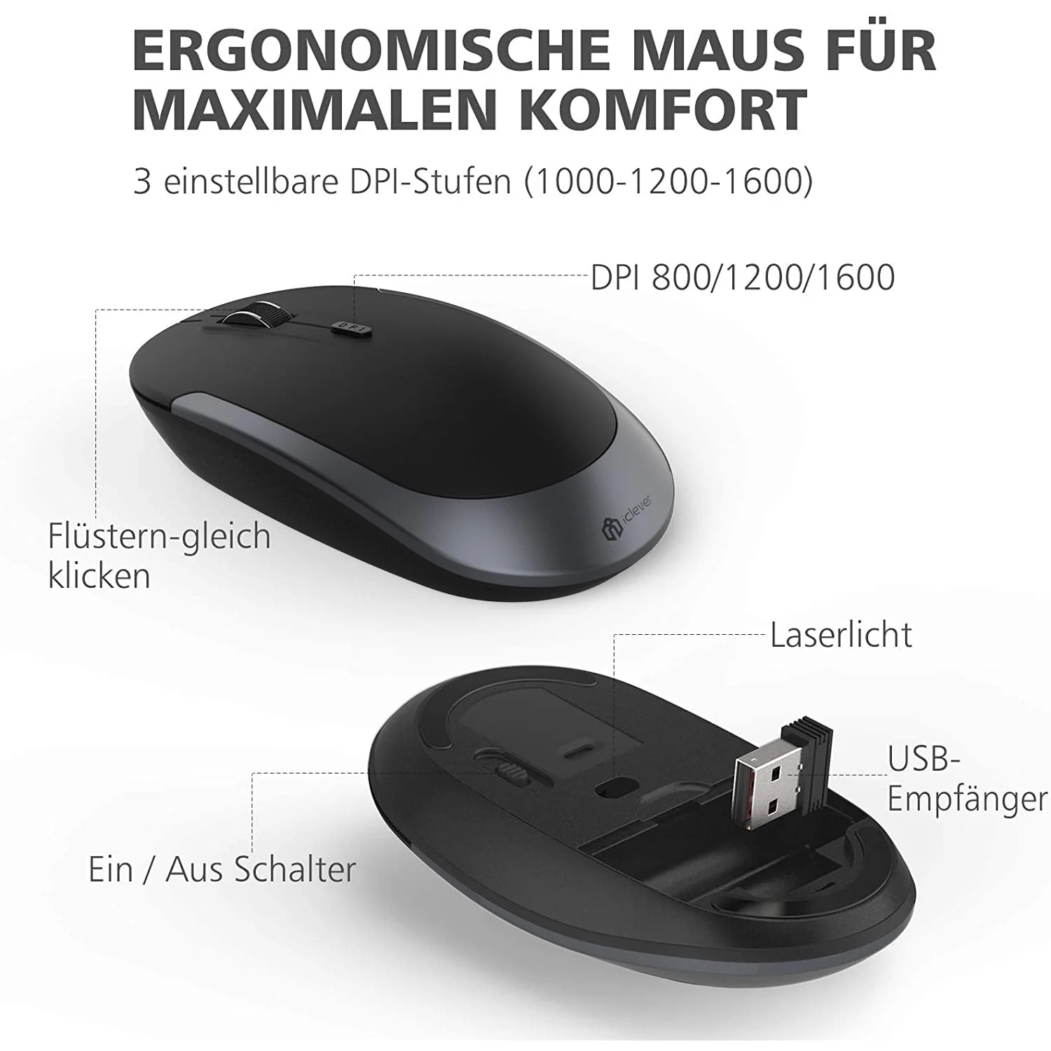iClever GK03 2.4G Tastatur Maus Set Kabellos, Aluminium Wireless Slim Tastatur QWERTZ Layout (Deutsch), für Computer/Desktop/PC/Laptop/Oberfläsche/Windows 10/8/7/Vista/XP (2.4GHz, USB) - Image 2