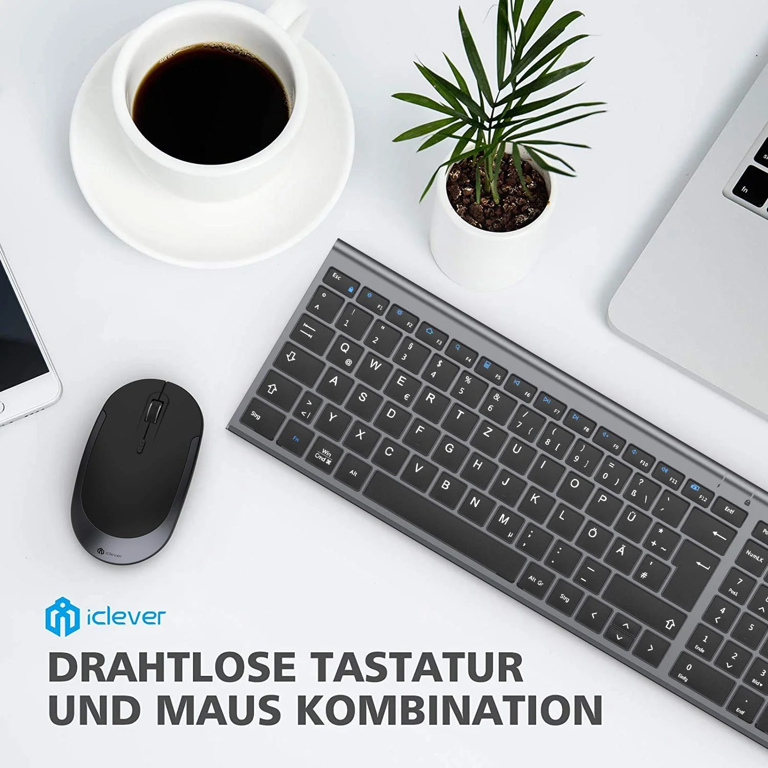 iClever GK03 2.4G Tastatur Maus Set Kabellos, Aluminium Wireless Slim Tastatur QWERTZ Layout (Deutsch), für Computer/Desktop/PC/Laptop/Oberfläsche/Windows 10/8/7/Vista/XP (2.4GHz, USB) - Image 3