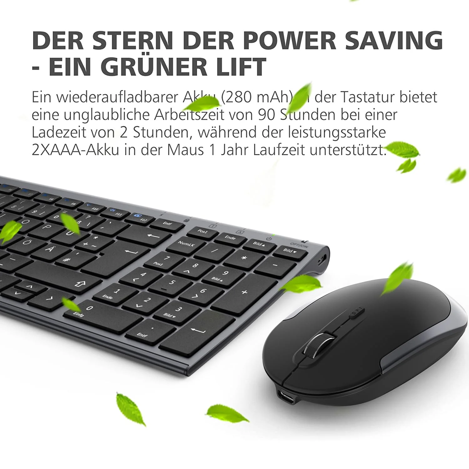 iClever GK03 2.4G Tastatur Maus Set Kabellos, Aluminium Wireless Slim Tastatur QWERTZ Layout (Deutsch), für Computer/Desktop/PC/Laptop/Oberfläsche/Windows 10/8/7/Vista/XP (2.4GHz, USB) - Image 4