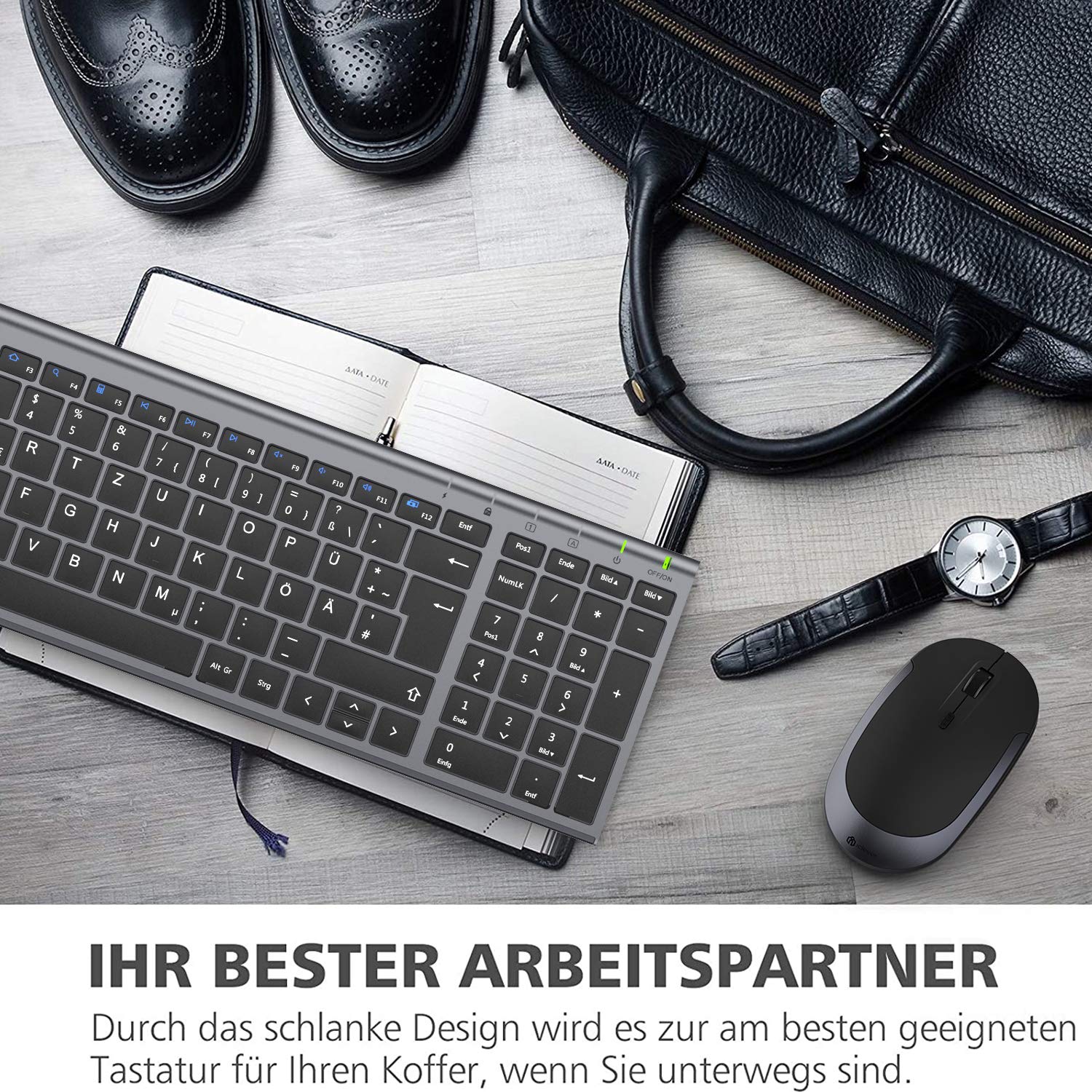 iClever GK03 2.4G Tastatur Maus Set Kabellos, Aluminium Wireless Slim Tastatur QWERTZ Layout (Deutsch), für Computer/Desktop/PC/Laptop/Oberfläsche/Windows 10/8/7/Vista/XP (2.4GHz, USB) - Image 6