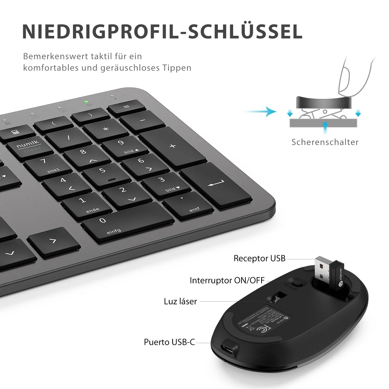 iClever GK08 Wireless Keyboard and Mouse - 2.4G Ultraslim Rechargeable Wireless Keyboard Mouse Set for PC, Desktop, Notebook, Laptop, Windows Mac OS, QWERTZ Layout, Black and Grey - Image 2