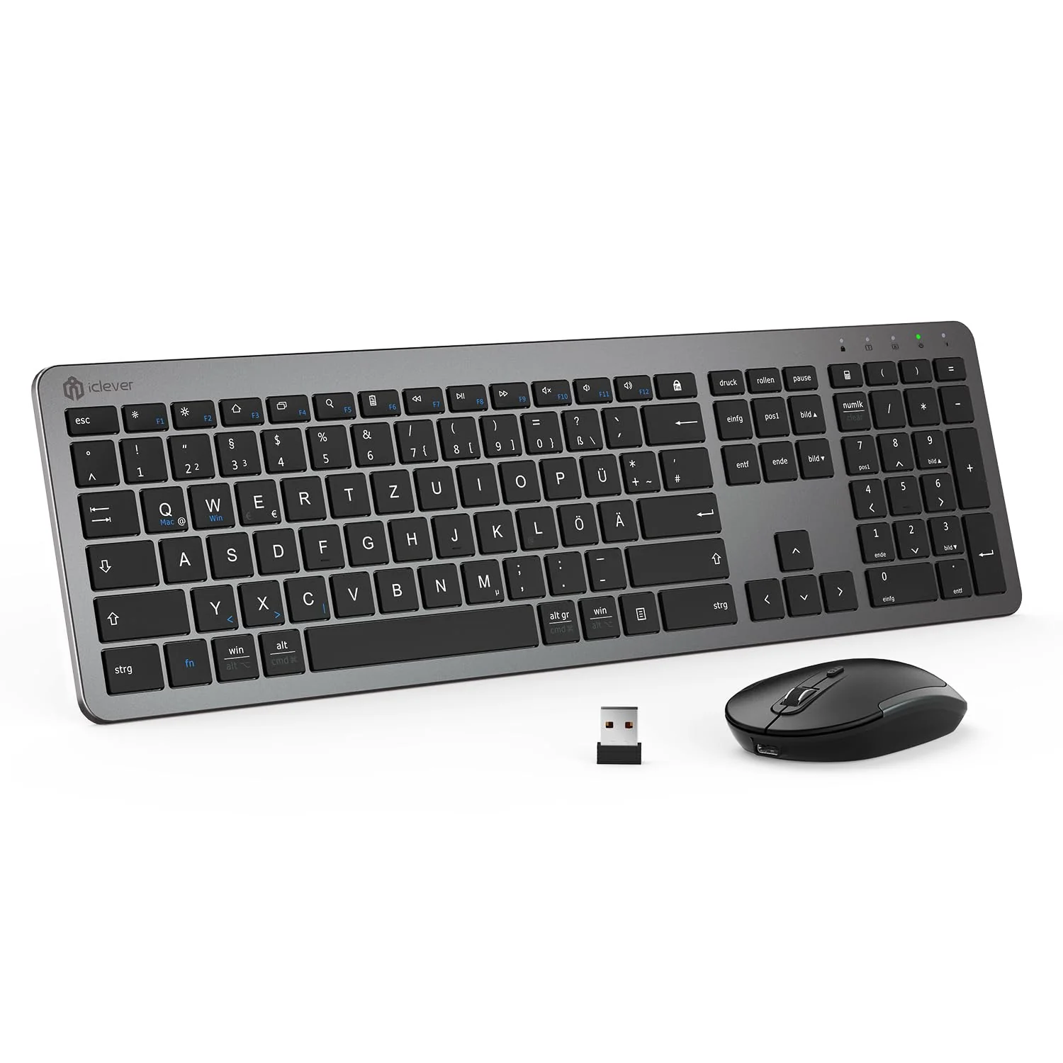 iClever GK08 Wireless Keyboard and Mouse - 2.4G Ultraslim Rechargeable Wireless Keyboard Mouse Set for PC, Desktop, Notebook, Laptop, Windows Mac OS, QWERTZ Layout, Black and Grey - Image 4