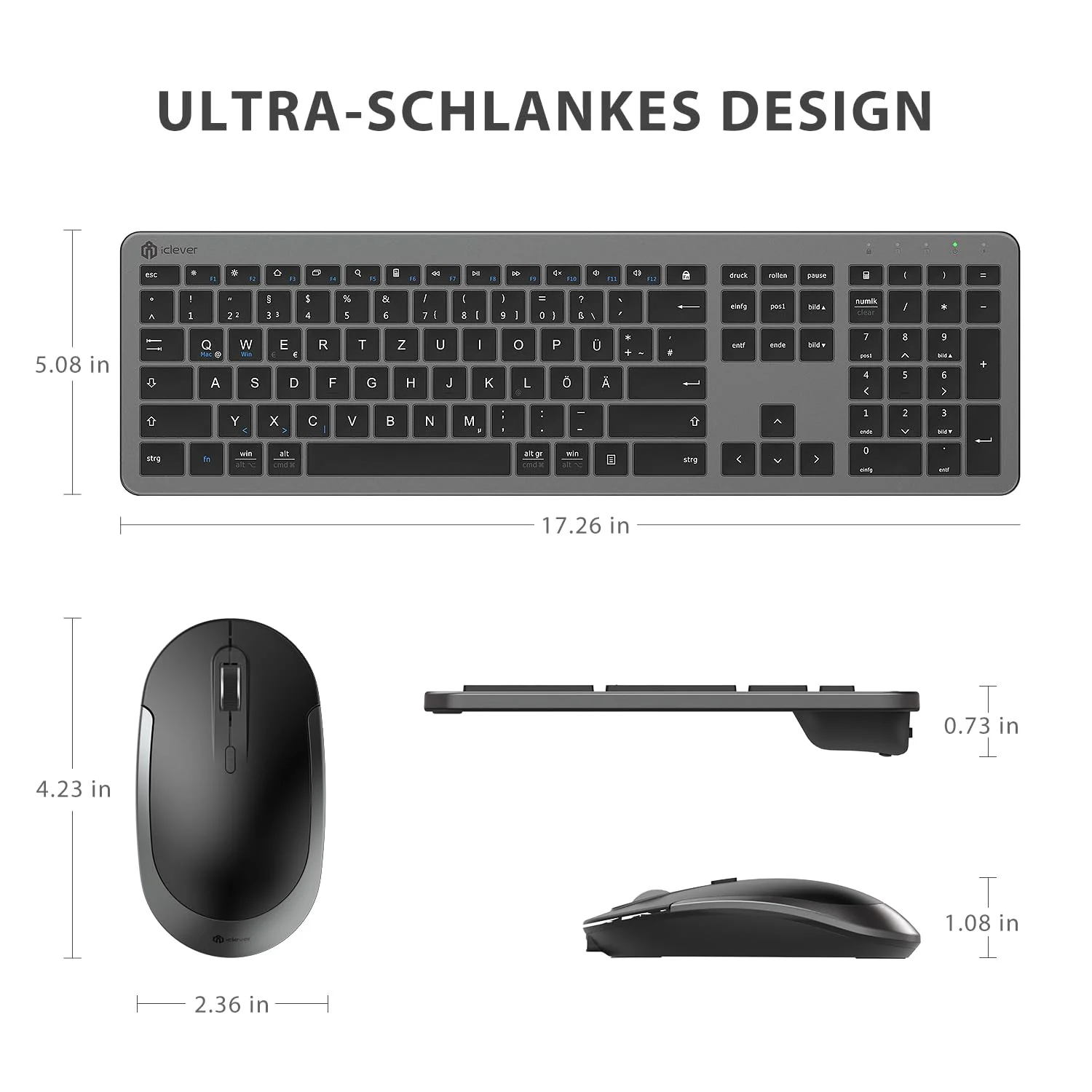 iClever GK08 Wireless Keyboard and Mouse - 2.4G Ultraslim Rechargeable Wireless Keyboard Mouse Set for PC, Desktop, Notebook, Laptop, Windows Mac OS, QWERTZ Layout, Black and Grey - Image 8