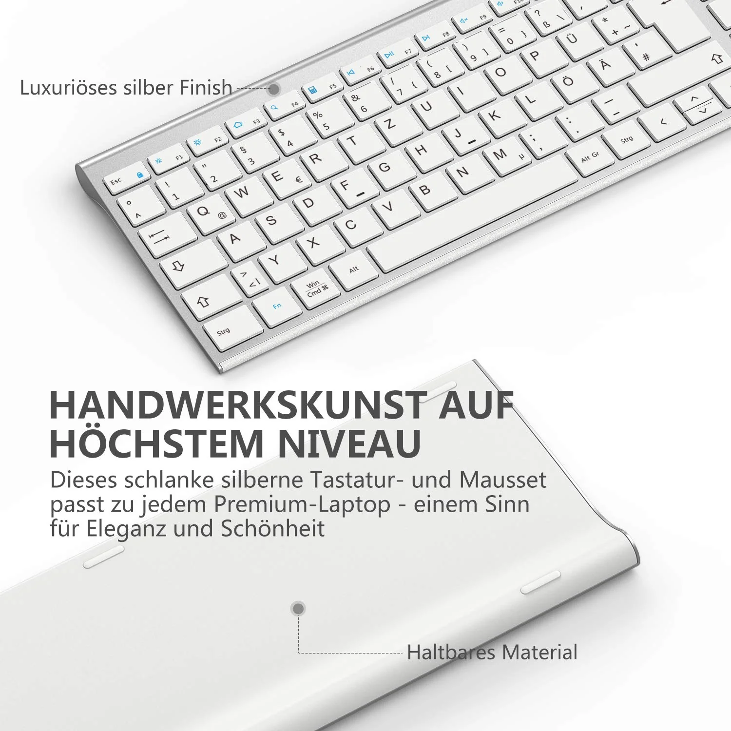 iClever Kabellos Tastatur Maus Set, Wiederaufladbare Kabellose Tastatur und Maus, QWERTZ Layout (Deutsch), Ultra Thin für Computer/Desktop/PC/Laptop/Windows 10/8/7, Weiß und Silber - Image 3