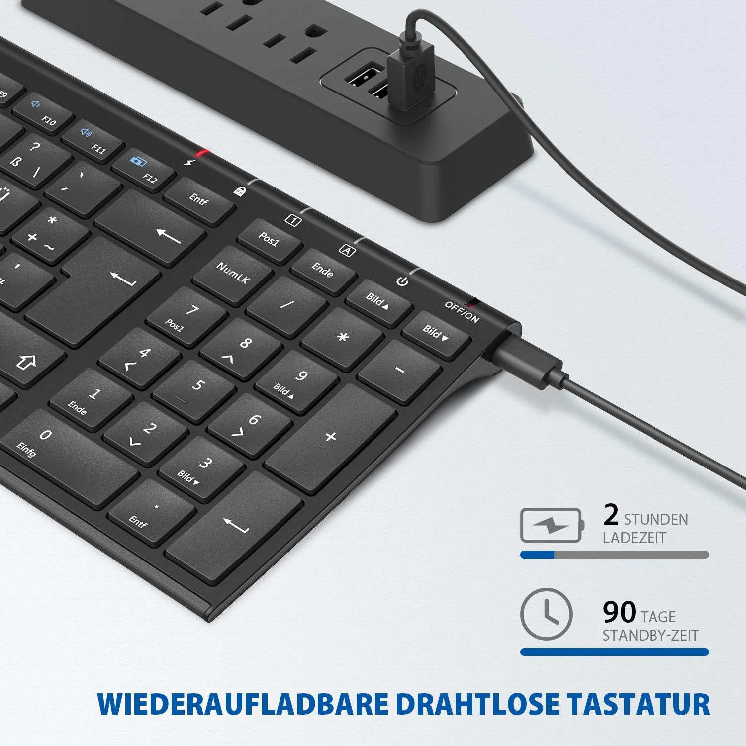 iClever Kabellose Tastatur, wiederaufladbare 2,4 GHz Funk Tastatur, Deutsches QWERTZ Layout, für Computer/Desktop/PC/Laptop/Chrome OS und Windows 10/8/7, Schwarz - Image 2