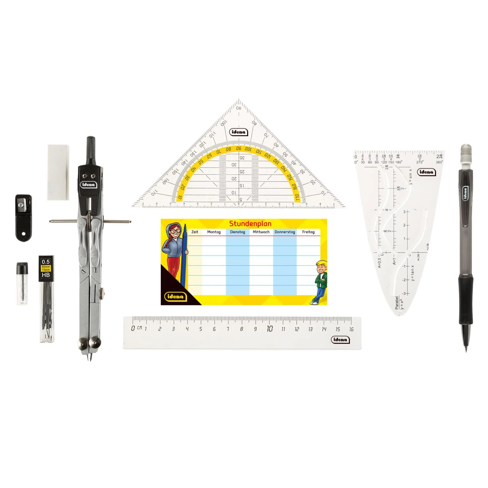 Idena 20066 - Zirkel im Etui, 11-teilig, mit Geodreieck, Lineal, Ersatzminen für den Zirkel, Druckbleistift & Ersatzminen, Stundenplan, Radiergummi & Spitzer - Image 2