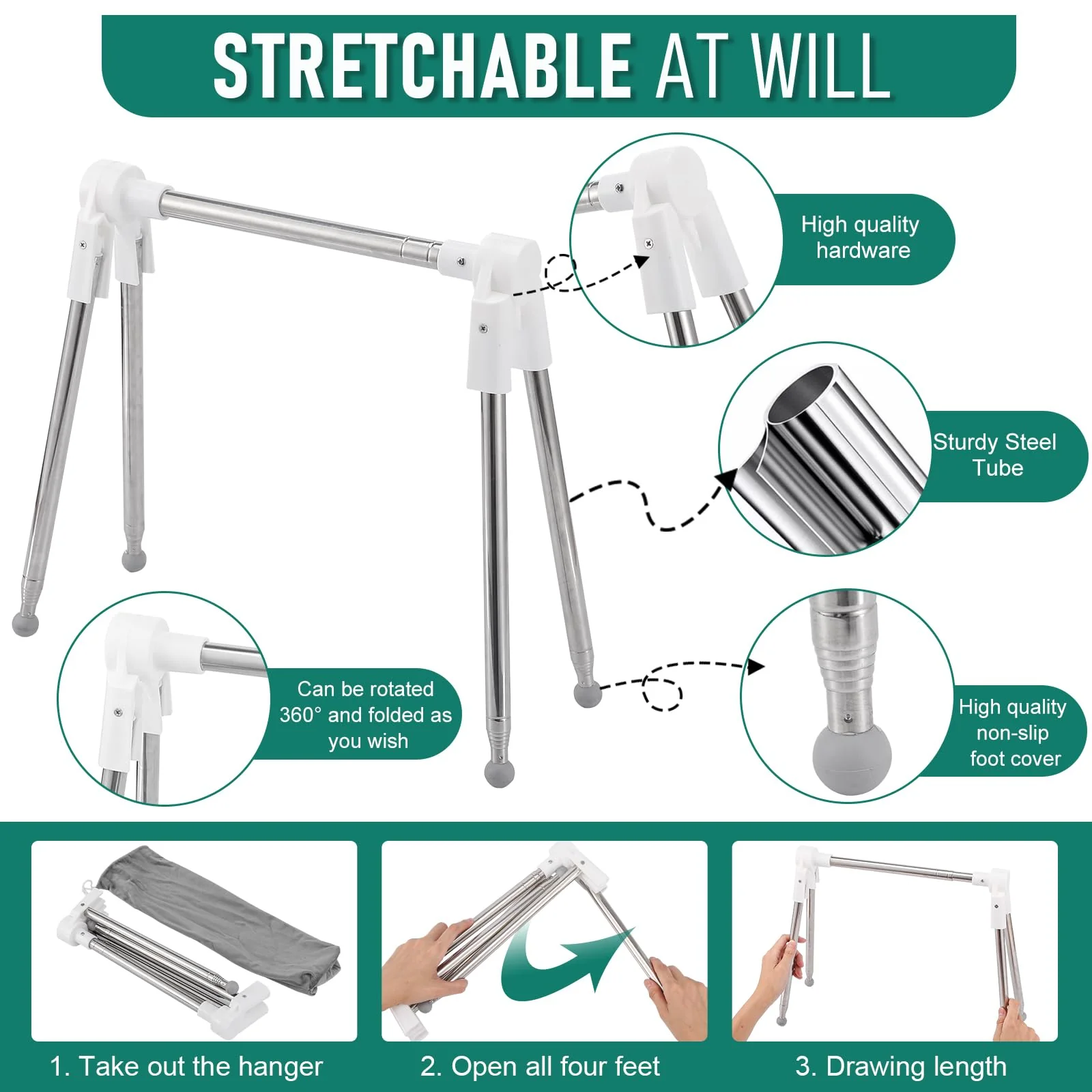 Idong Tragbarer Wäscheständer aus Edelstahl, 32-73 cm einziehbarer faltbar Wäscheständer für Camping, Reisen, Outdoor, Wäscherei zu Hause usw. EIN zusammenklappbarer Mini-Reisekleiderständer - Image 2