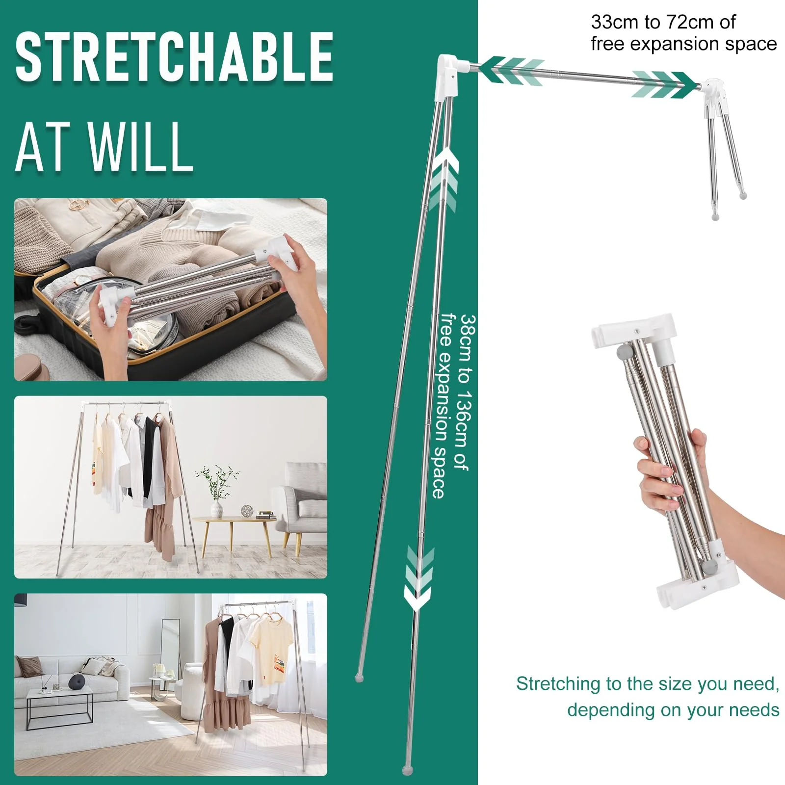 Idong Tragbarer Wäscheständer aus Edelstahl, 32-73 cm einziehbarer faltbar Wäscheständer für Camping, Reisen, Outdoor, Wäscherei zu Hause usw. EIN zusammenklappbarer Mini-Reisekleiderständer - Image 3