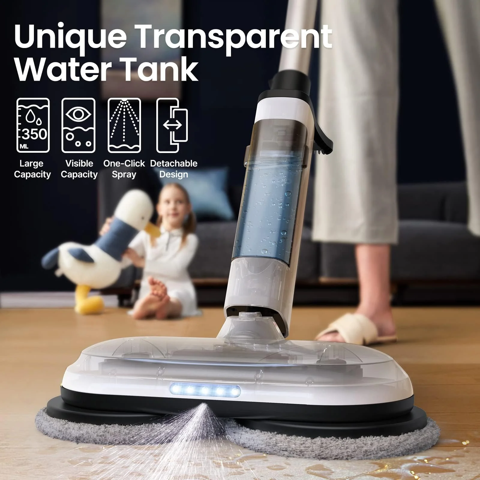 iDOO Kabellos Bodenwischer Elektrisch, Akku Elektrischer Wischmopp mit Sprühfunktion, 350ml Wassertank und LED Beleuchtung, Doppelte Rotationmopp Ohne Kraftaufwand, Weiß - Image 5