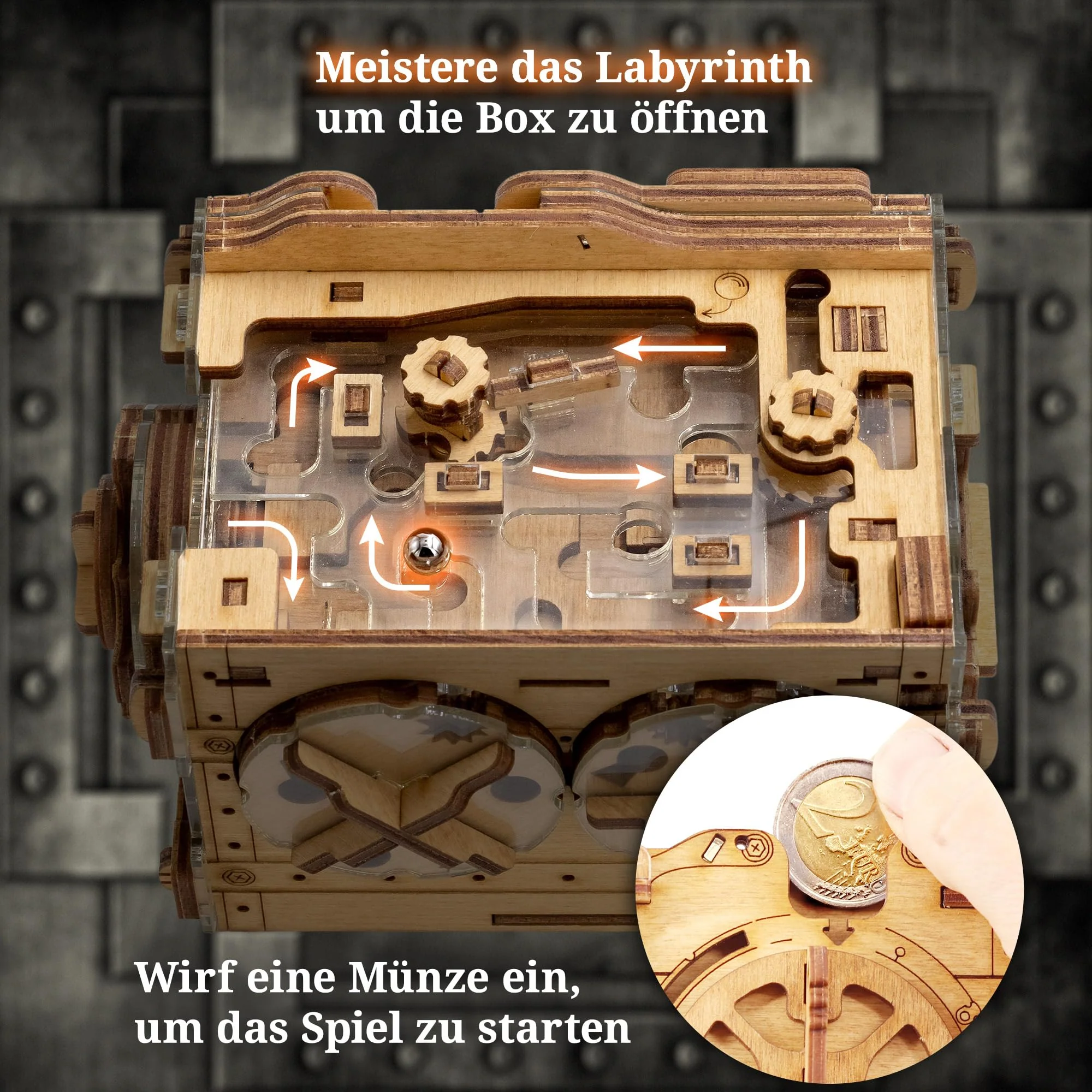 iDventure Amazeing Safe - Murmelbahn Spardose Puzzlebox - Escape Room Spiel - Geschenkbox - Schatztruhe - 3D Holzpuzzle - Sequenzielle Puzzles Rätselbox Erwachsene - Geldgeschenk - Männer Geschenk - Image 5