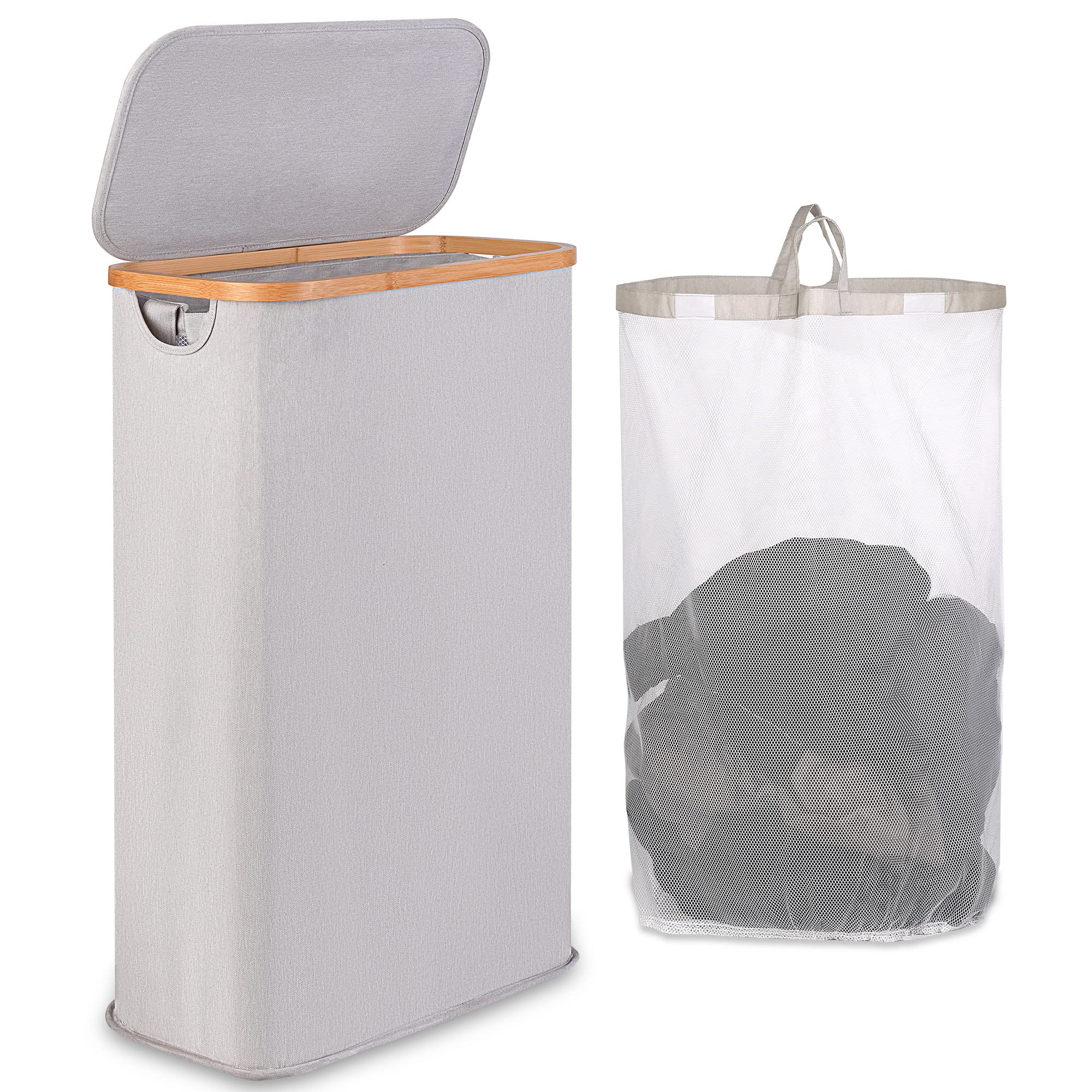 iEGrow Wäschekorb 60l, Wäschesammler Schmal mit Herausnehmbarer und Waschbarer Innentasche, Laundry Baskets mit Griffen für Kleidung, Spielzeug, Handtücher (hellgrau) - Image 2