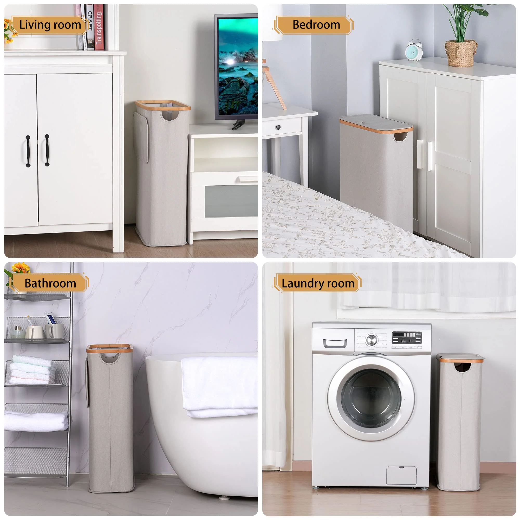 iEGrow Wäschekorb 60l, Wäschesammler Schmal mit Herausnehmbarer und Waschbarer Innentasche, Laundry Baskets mit Griffen für Kleidung, Spielzeug, Handtücher (hellgrau) - Image 3