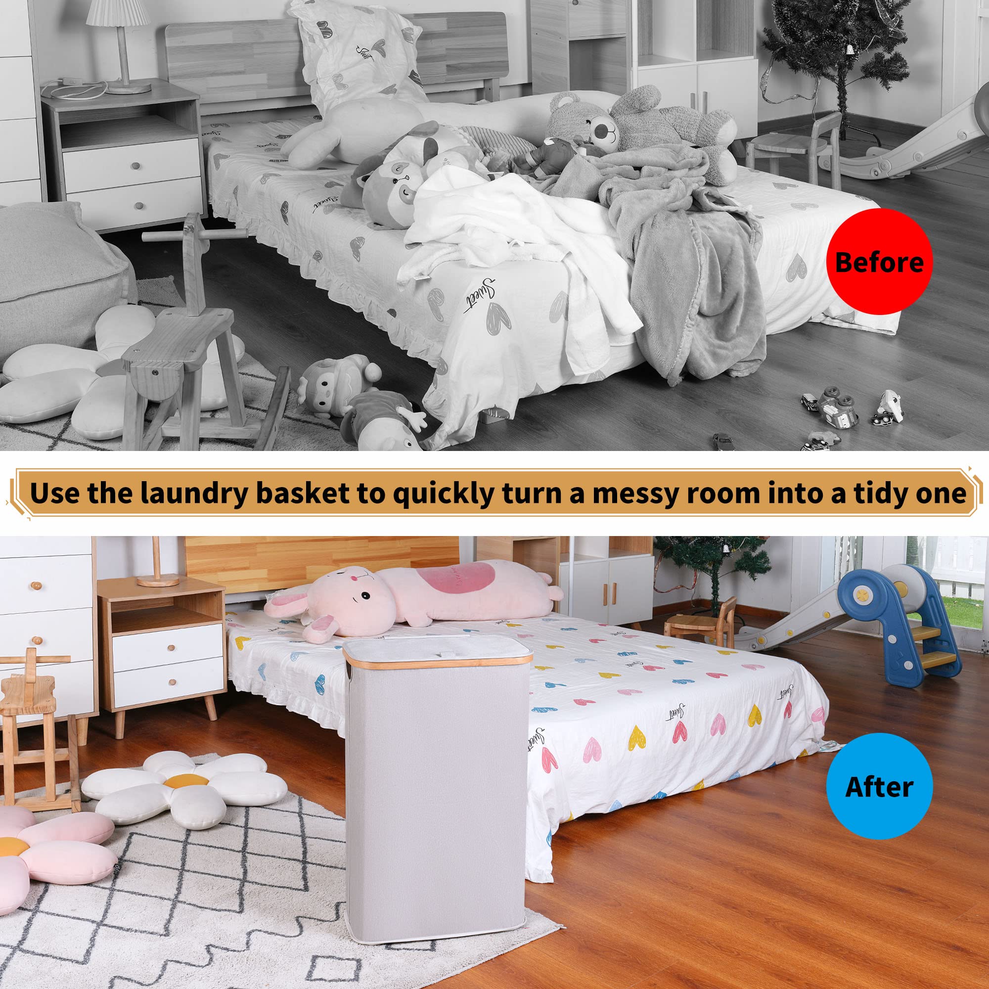 iEGrow Wäschekorb 60l, Wäschesammler Schmal mit Herausnehmbarer und Waschbarer Innentasche, Laundry Baskets mit Griffen für Kleidung, Spielzeug, Handtücher (hellgrau) - Image 4