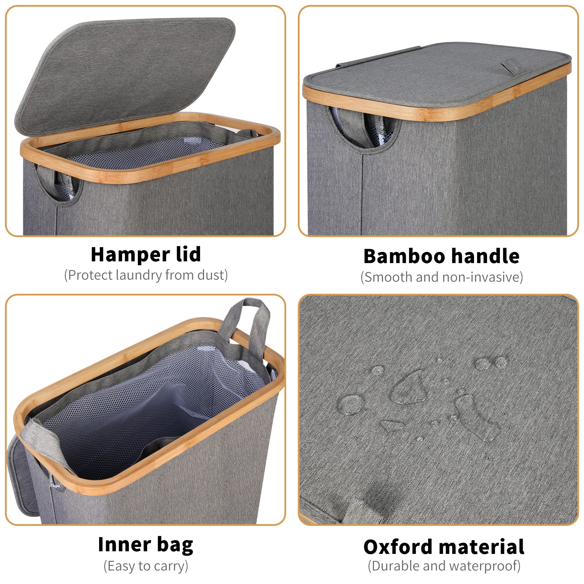 iEGrow Wäschekorb mit Rollen 75L, Wäschesammler Schmal mit Herausnehmbarer und Waschbarer Innentasche, Laundry Baskets Wäschekörbe mit Deckel für Kleidung, Spielzeug, Handtücher (Grau)