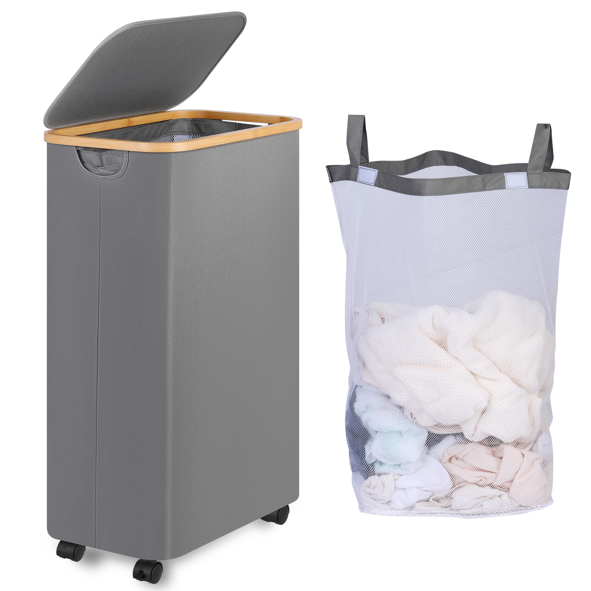 iEGrow Wäschekorb mit Rollen 75L, Wäschesammler Schmal mit Herausnehmbarer und Waschbarer Innentasche, Laundry Baskets Wäschekörbe mit Deckel für Kleidung, Spielzeug, Handtücher (Grau) - Image 4
