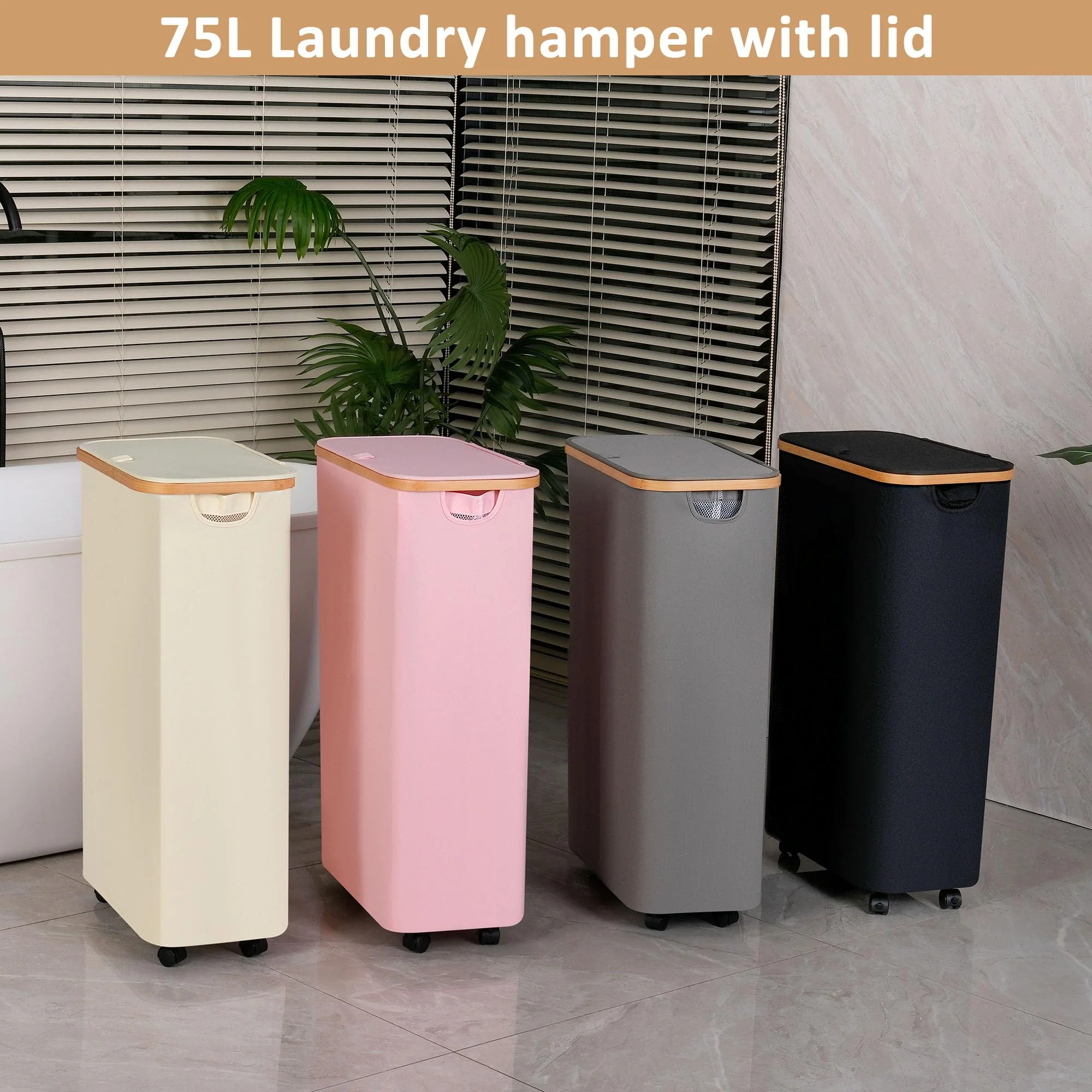 iEGrow Wäschekorb mit Rollen 75L, Wäschesammler Schmal mit Herausnehmbarer und Waschbarer Innentasche, Laundry Baskets Wäschekörbe mit Deckel für Kleidung, Spielzeug, Handtücher (Grau) - Image 5