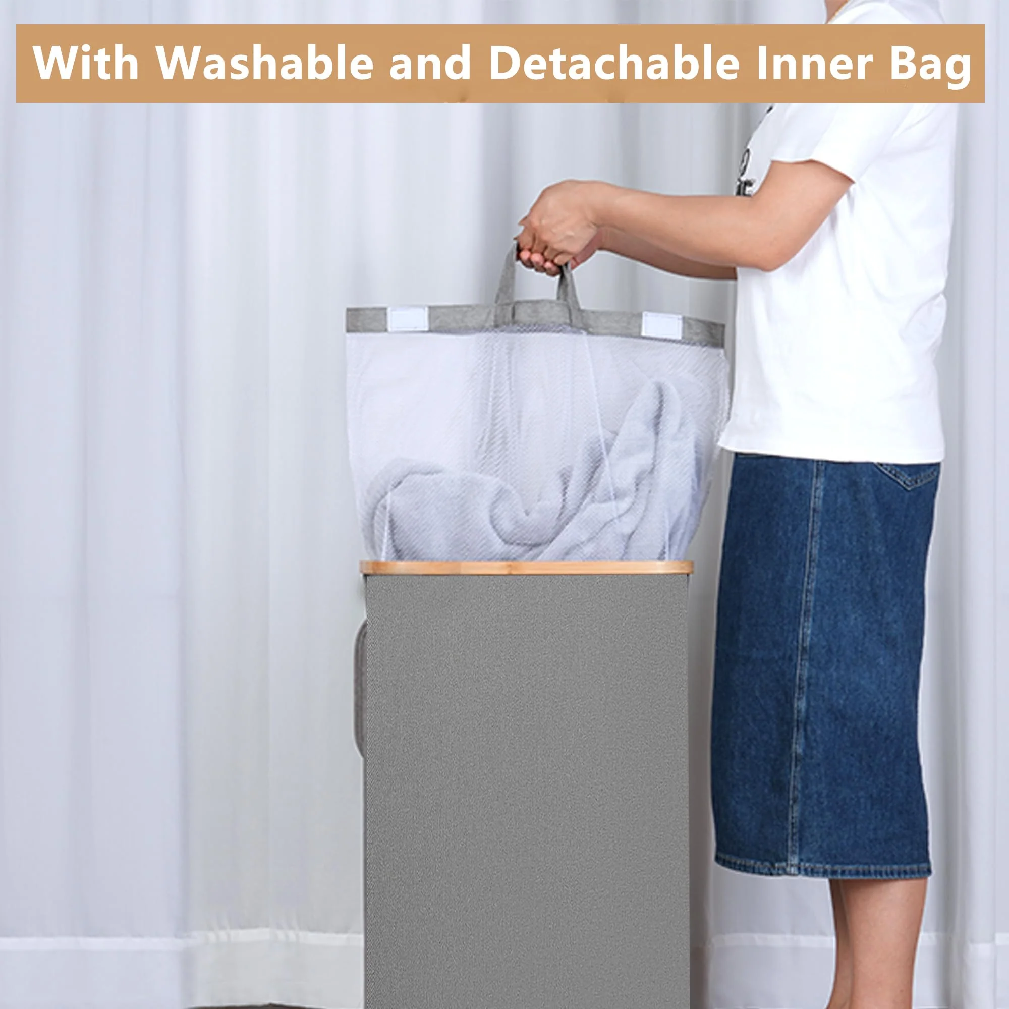 iEGrow Wäschekorb mit Rollen 75L, Wäschesammler Schmal mit Herausnehmbarer und Waschbarer Innentasche, Laundry Baskets Wäschekörbe mit Deckel für Kleidung, Spielzeug, Handtücher (Grau) - Image 6