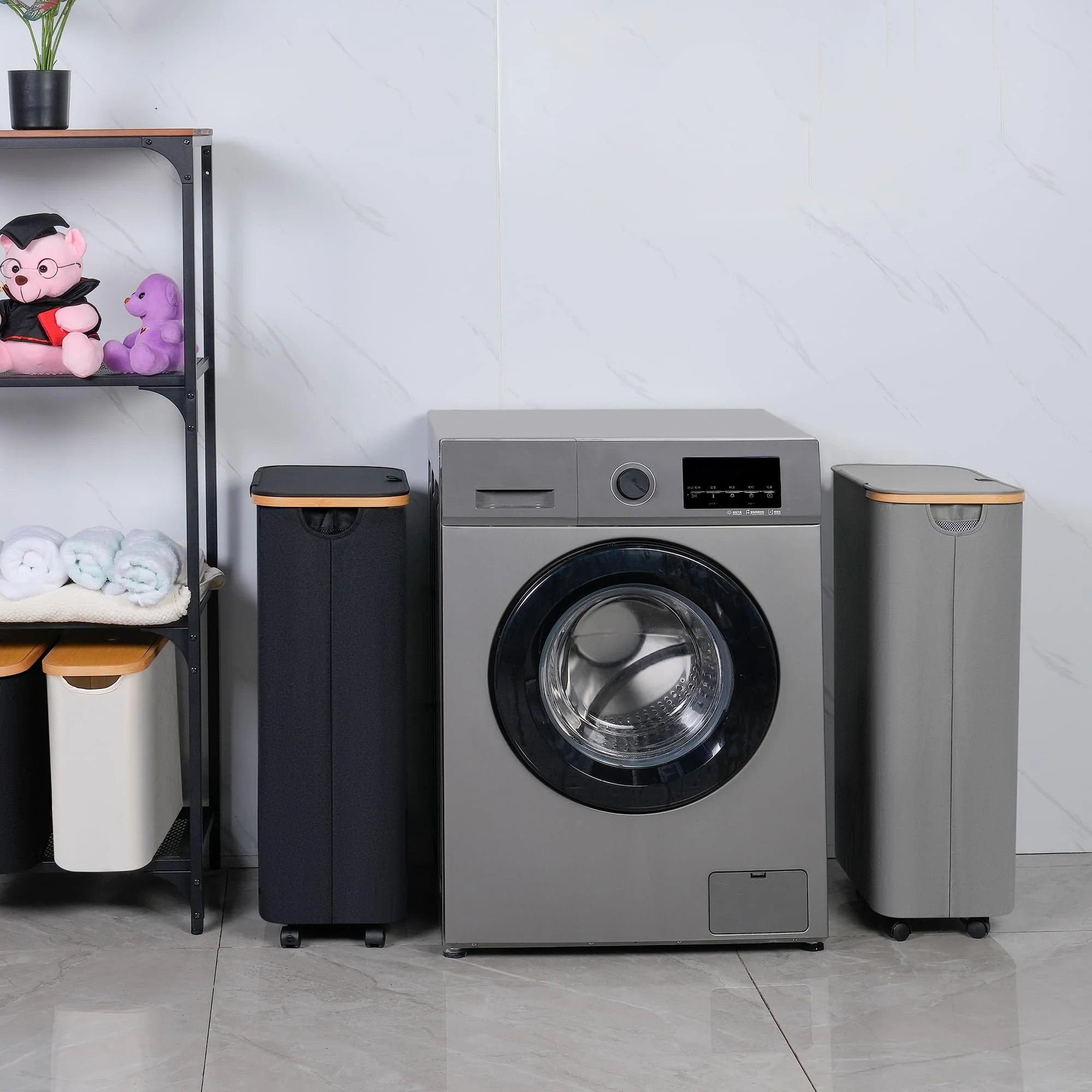 iEGrow Wäschekorb mit Rollen 75L, Wäschesammler Schmal mit Herausnehmbarer und Waschbarer Innentasche, Laundry Baskets Wäschekörbe mit Deckel für Kleidung, Spielzeug, Handtücher (Grau) - Image 7