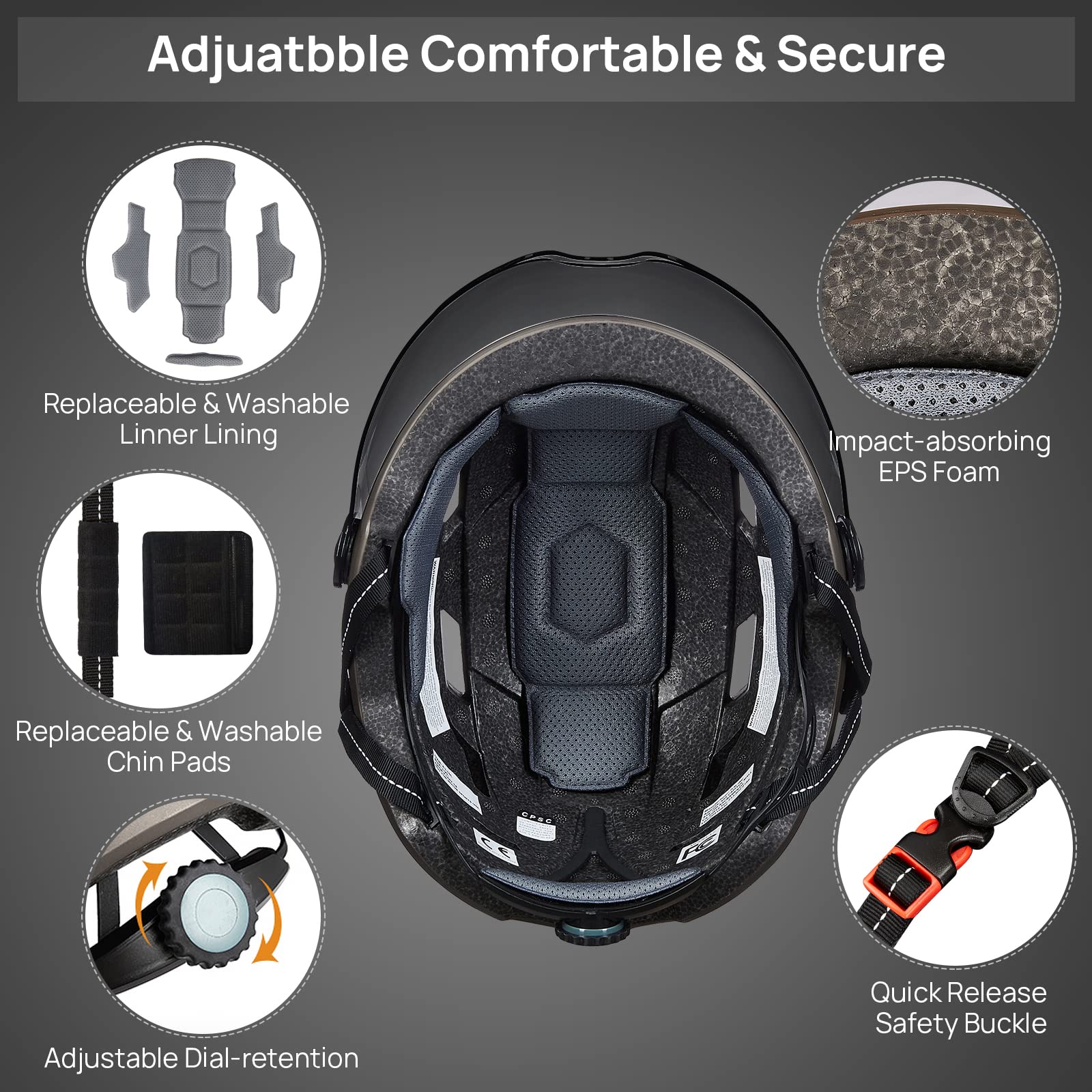 ILM Fahrradhelm mit Visier und LED Licht Mountain&Road Fahrradhelme für Damen und Herren Fahrradhelm für Pendeln in der Stadt E3-10L,schwarz L-XL - Image 7