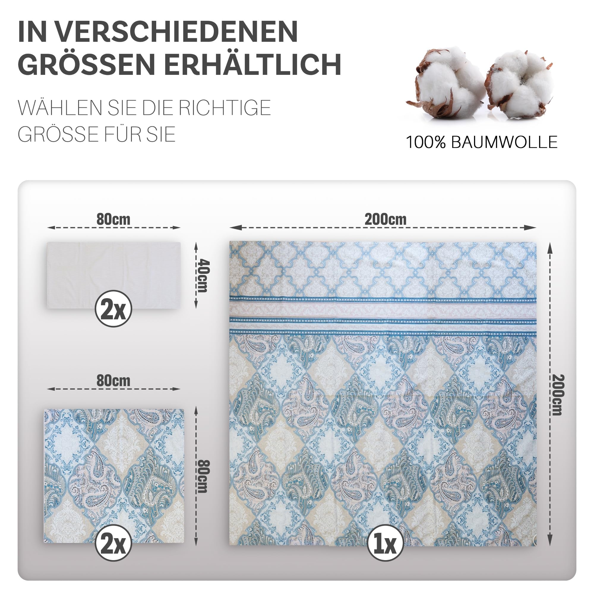 iNaAm Bettwäsche-Set 5-teilig 200x200 Baumwolle Bettbezug mit Knöpfen +2 Kissenbezug 80x80 +2 Kissenbezug 40x80 mit Hotelverschloß für Sommer&Winter (Blau, Doppel) - Image 3