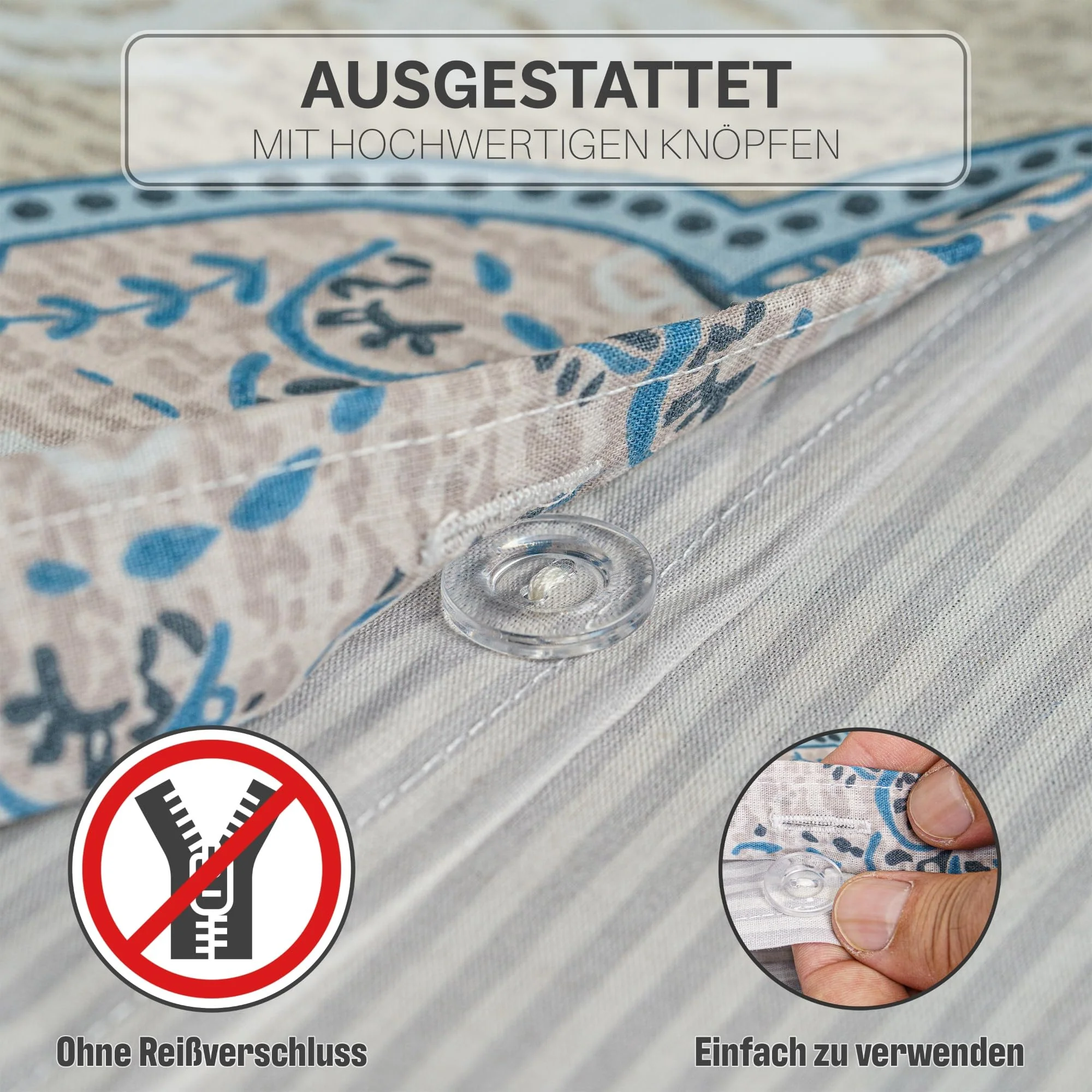 iNaAm Bettwäsche-Set 5-teilig 200x200 Baumwolle Bettbezug mit Knöpfen +2 Kissenbezug 80x80 +2 Kissenbezug 40x80 mit Hotelverschloß für Sommer&Winter (Blau, Doppel) - Image 5