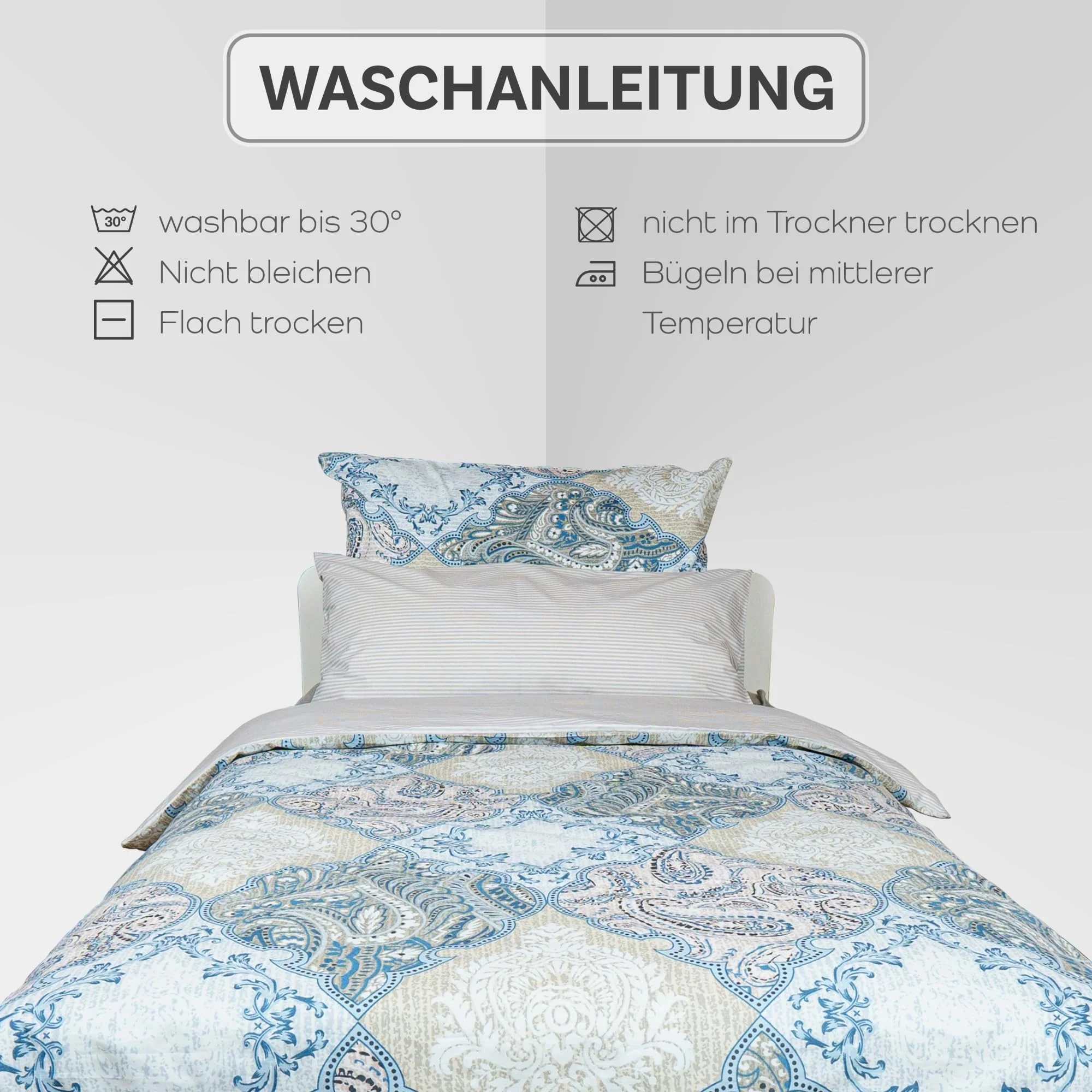 iNaAm Bettwäsche-Set 5-teilig 200x200 Baumwolle Bettbezug mit Knöpfen +2 Kissenbezug 80x80 +2 Kissenbezug 40x80 mit Hotelverschloß für Sommer&Winter (Blau, Doppel) - Image 8