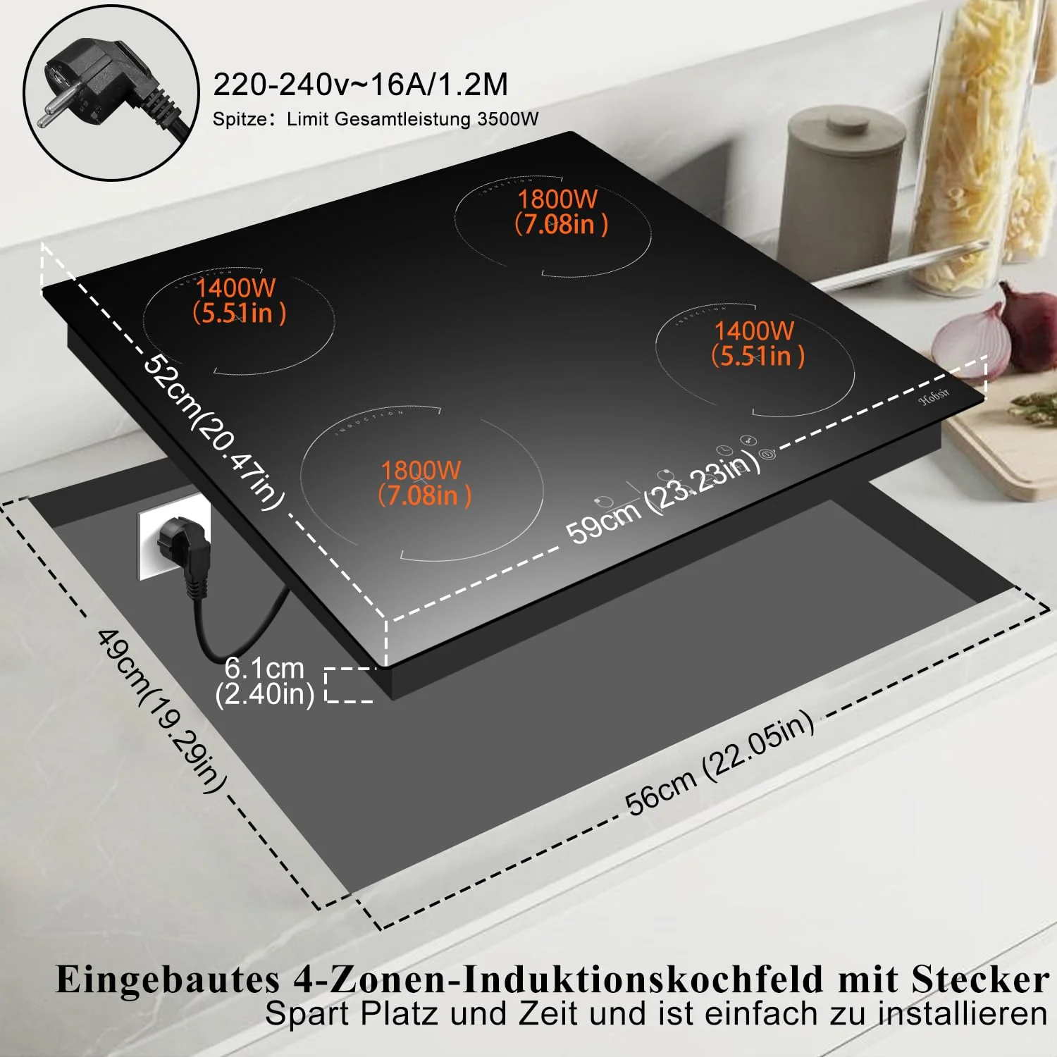Induktionskochfeld mit Stecker 4 Zonen Einbau Kochfeld Induktion 60cm Induktionsplatte, 3500W, Touch-Bedienung, 9 Leistungsstufen, Kindersicherung, Timer - Image 4