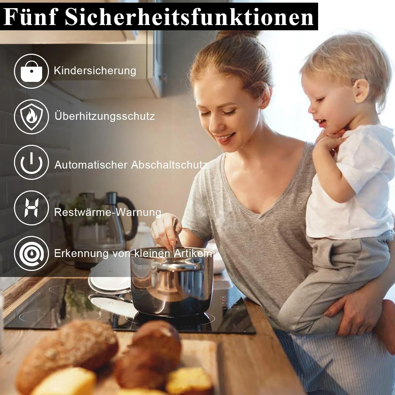 Induktionskochfeld mit Stecker 4 Zonen Einbau Kochfeld Induktion 60cm Induktionsplatte, 3500W, Touch-Bedienung, 9 Leistungsstufen, Kindersicherung, Timer - Image 6