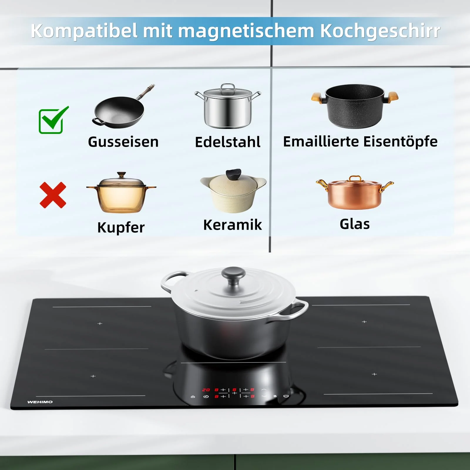 Induktionskochfeld, WEHIMO Induktionskochfeld 5 platten mit Power Booster, 5 Zonen Einbau, 9 Leistungsstufen Induktionskochplatte 90cm (8600W), 220-240V - Image 3