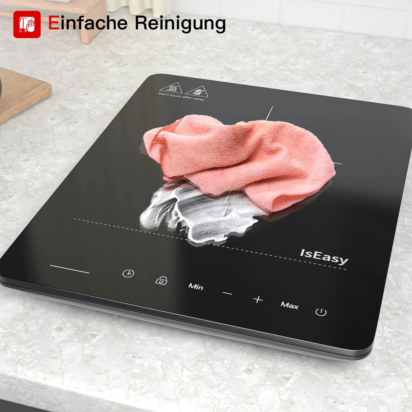 Induktionskochplatte, IsEasy Tragbares Induktionskochfeld 2100W,28cm Induction Hotplates, Kochfelder mit Stecker, 9 Heizstufen, 1-99Min Timer, Touch-Steuerung, Max/Min-Funktion, 220-240V - Image 3