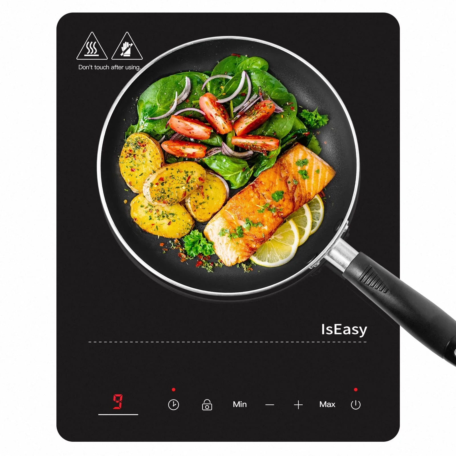 Induktionskochplatte, IsEasy Tragbares Induktionskochfeld 2100W,28cm Induction Hotplates, Kochfelder mit Stecker, 9 Heizstufen, 1-99Min Timer, Touch-Steuerung, Max/Min-Funktion, 220-240V - Image 4
