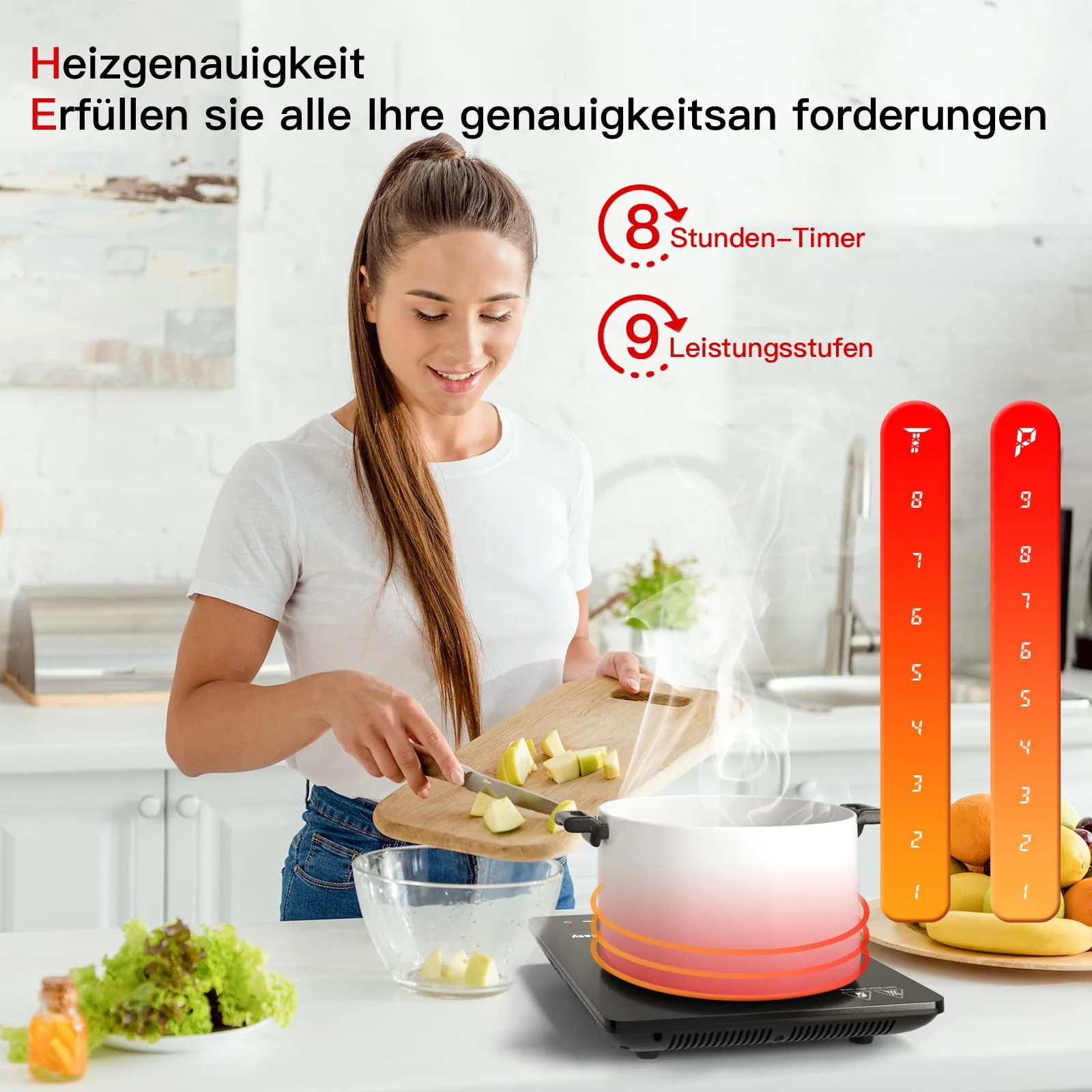 Induktionskochplatte, IsEasy Tragbares Induktionskochfeld 2100W,28cm Induction Hotplates, Kochfelder mit Stecker, 9 Heizstufen, 1-99Min Timer, Touch-Steuerung, Max/Min-Funktion, 220-240V - Image 5