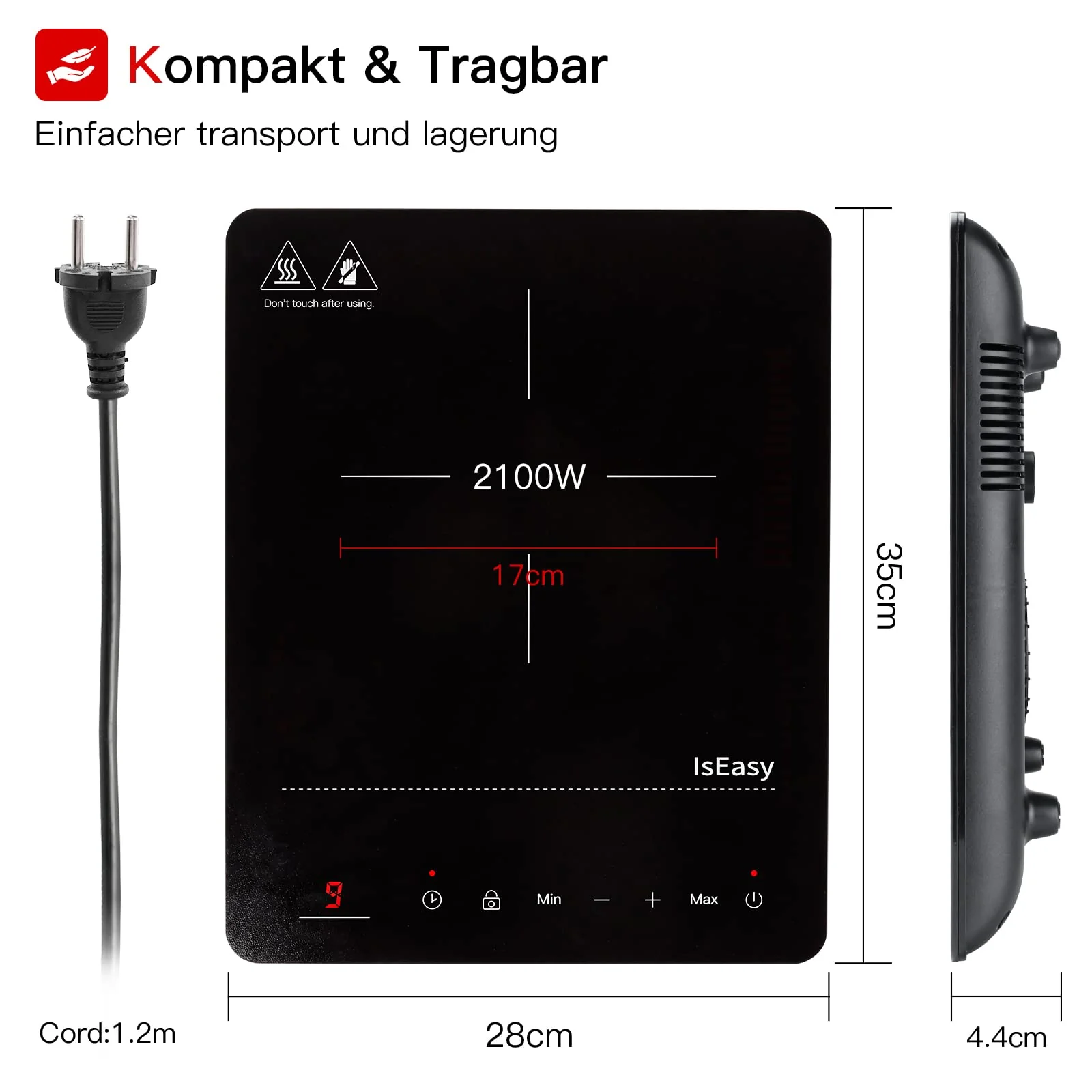 Induktionskochplatte, IsEasy Tragbares Induktionskochfeld 2100W,28cm Induction Hotplates, Kochfelder mit Stecker, 9 Heizstufen, 1-99Min Timer, Touch-Steuerung, Max/Min-Funktion, 220-240V - Image 6