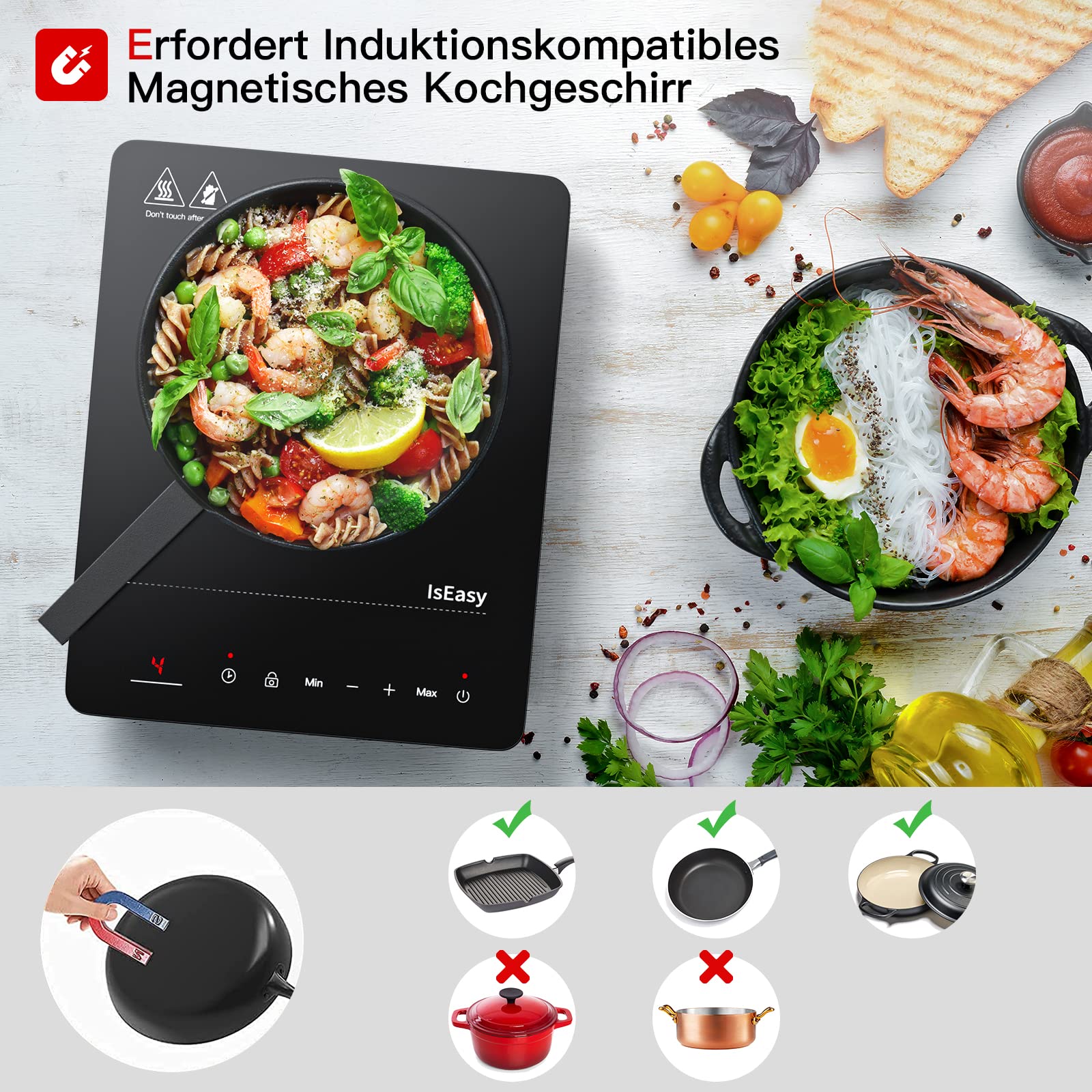 Induktionskochplatte, IsEasy Tragbares Induktionskochfeld 2100W,28cm Induction Hotplates, Kochfelder mit Stecker, 9 Heizstufen, 1-99Min Timer, Touch-Steuerung, Max/Min-Funktion, 220-240V - Image 8