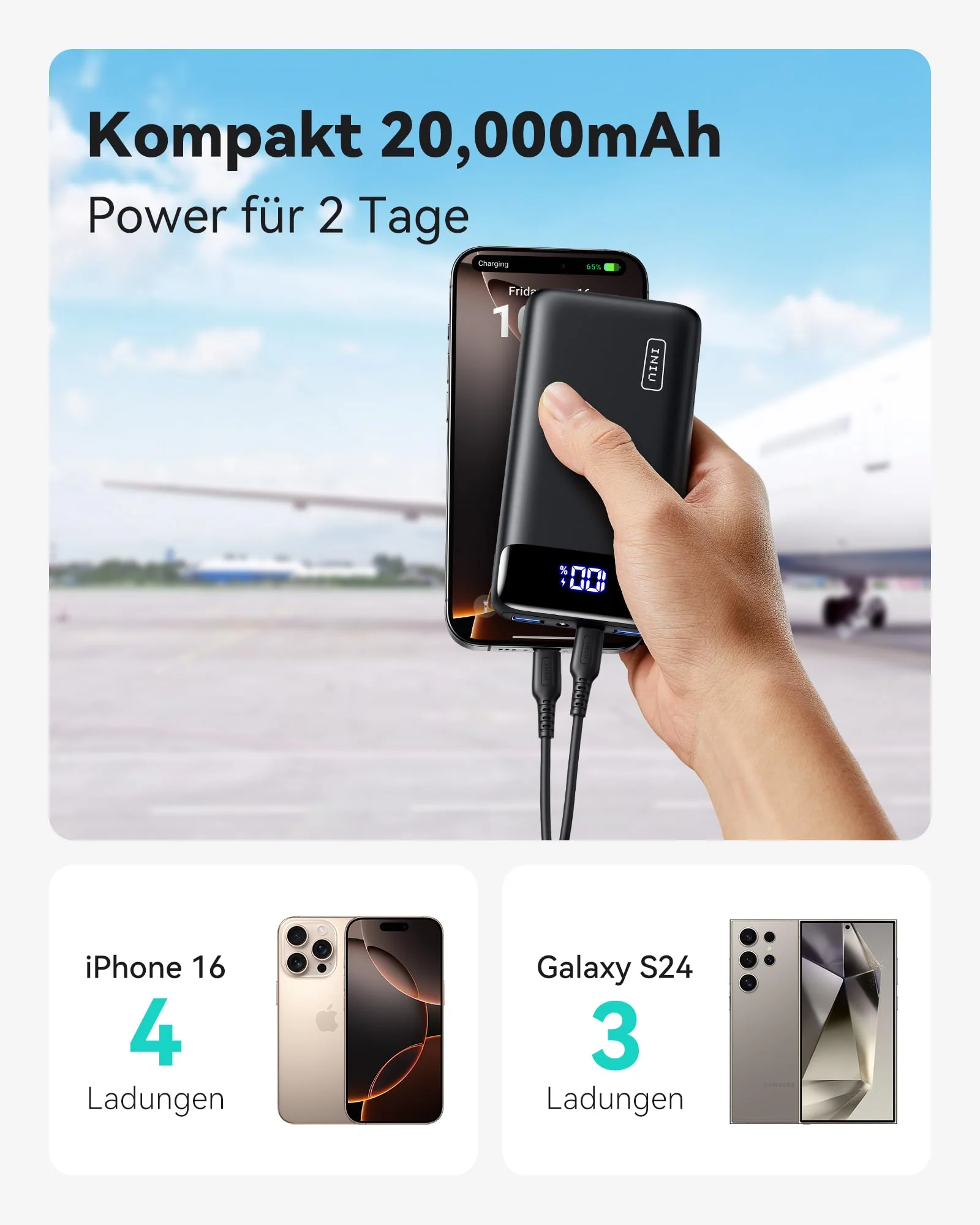 INIU Powerbank, Kompakte LED-Anzeige 20000mAh Externer Akku mit Dualer 3A Ausgängen und USB-C Eingang, Power Bank für Handy iPhone 16 15 14 13 12 11 X 8 Xiaomi iPad Tablet Laptop-Akkus - Image 9