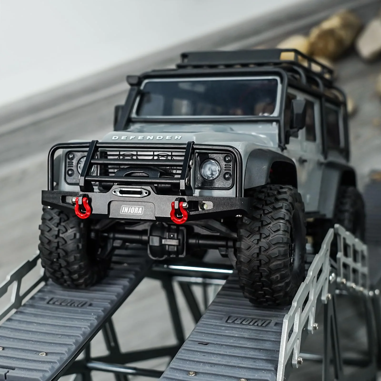 INJORA Vorder und Hinter Stoßstange - CNC Aluminium Stoßstange mit Licht für 1/18 RC Crawler TRX4M Defender Upgrade - Image 7