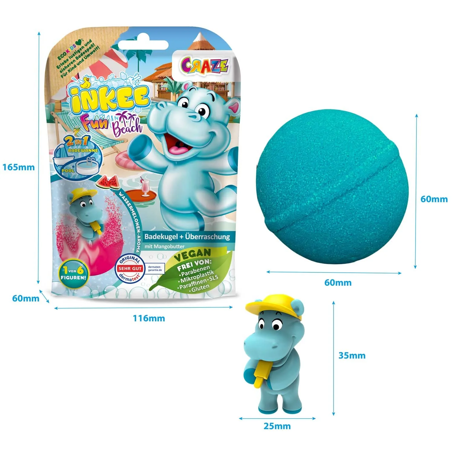 INKEE FUN BEACH | Badekugel Kinder mit Überraschung, Badebombe Kinder mit Hippo Stempel, Mit Mangobutter & Wassermelone-Duft - Image 3