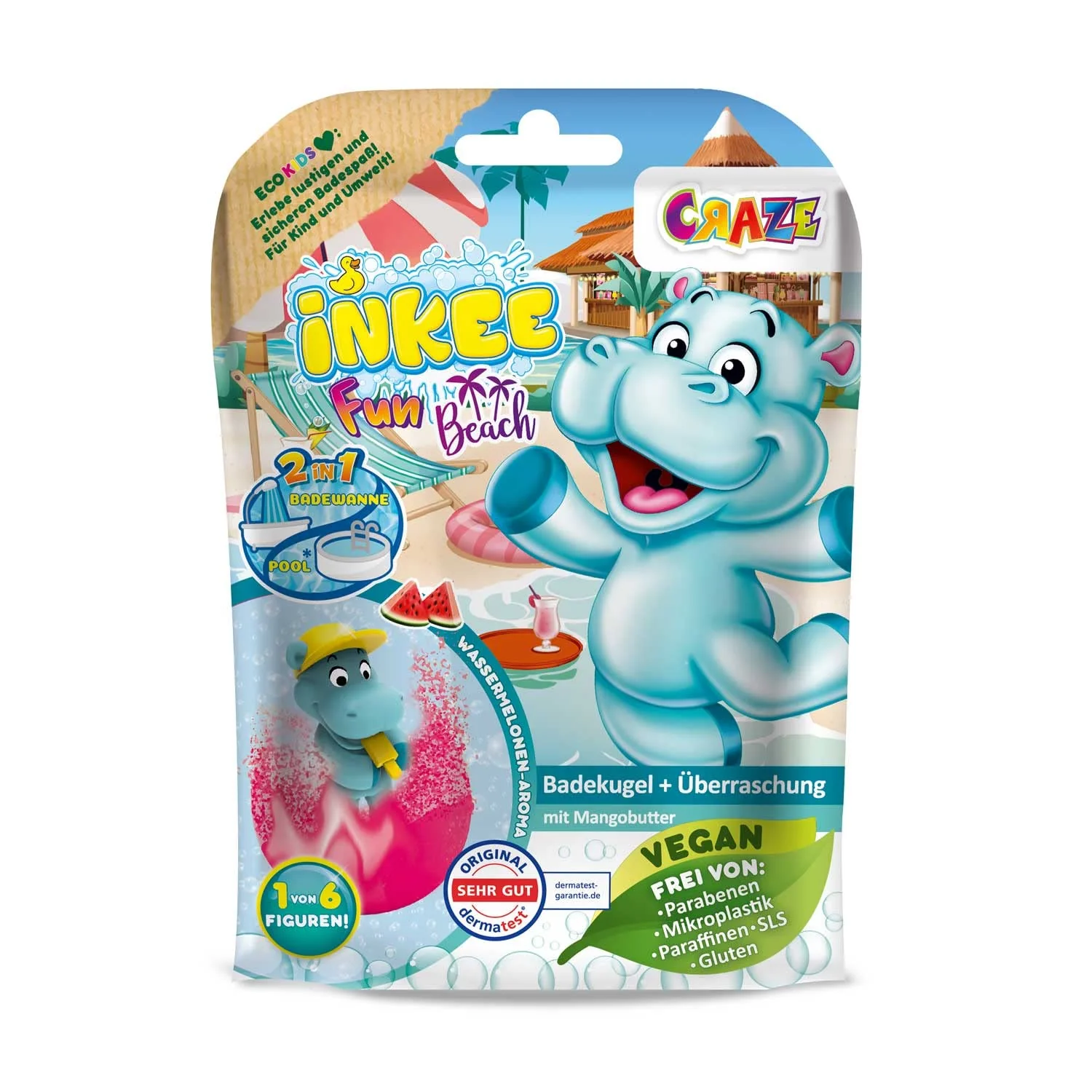 INKEE FUN BEACH | Badekugel Kinder mit Überraschung, Badebombe Kinder mit Hippo Stempel, Mit Mangobutter & Wassermelone-Duft - Image 9