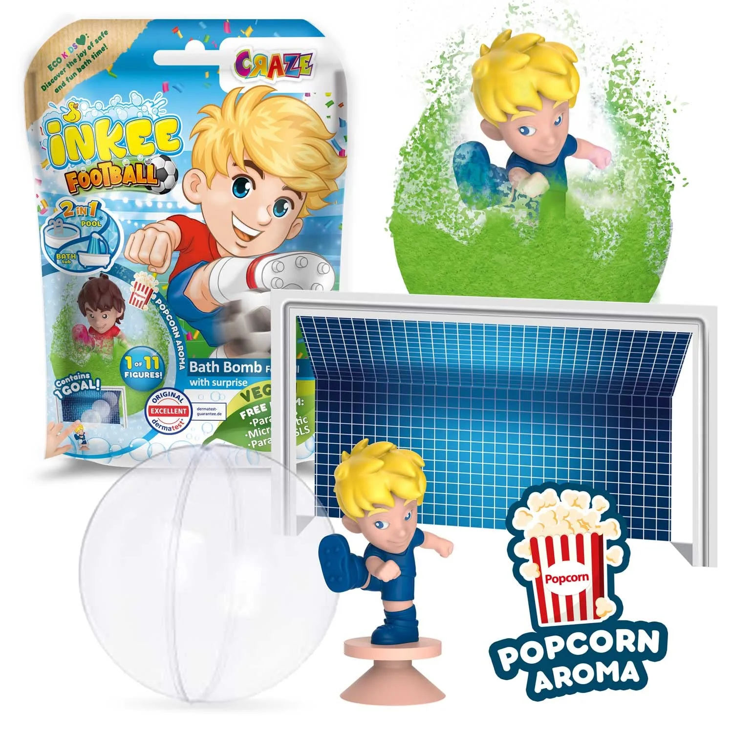 INKEE SURPRISE FOOTBALL | Badekugel mit Überraschung, Kinder badebombe mit Saugnapf Fussball Spielerfigur, Pop Corn Duft, dermatologisch getestet, 1 Stück (1er Pack) - Image 12