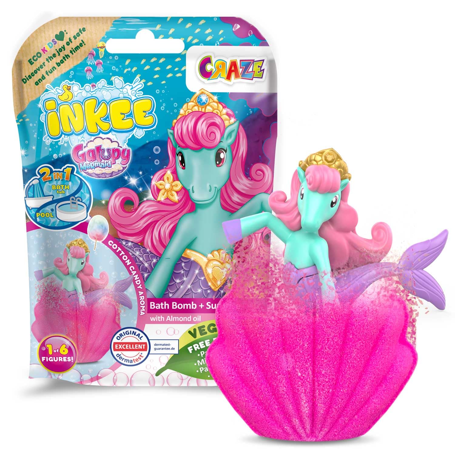 INKEE Surprise GALUPY MERMAID | Einhorn Badebombe mit Überraschung, Kinder Badekugeln in Muschelform mit Meerjungfrau Figuren & Zuckerwatte Aroma